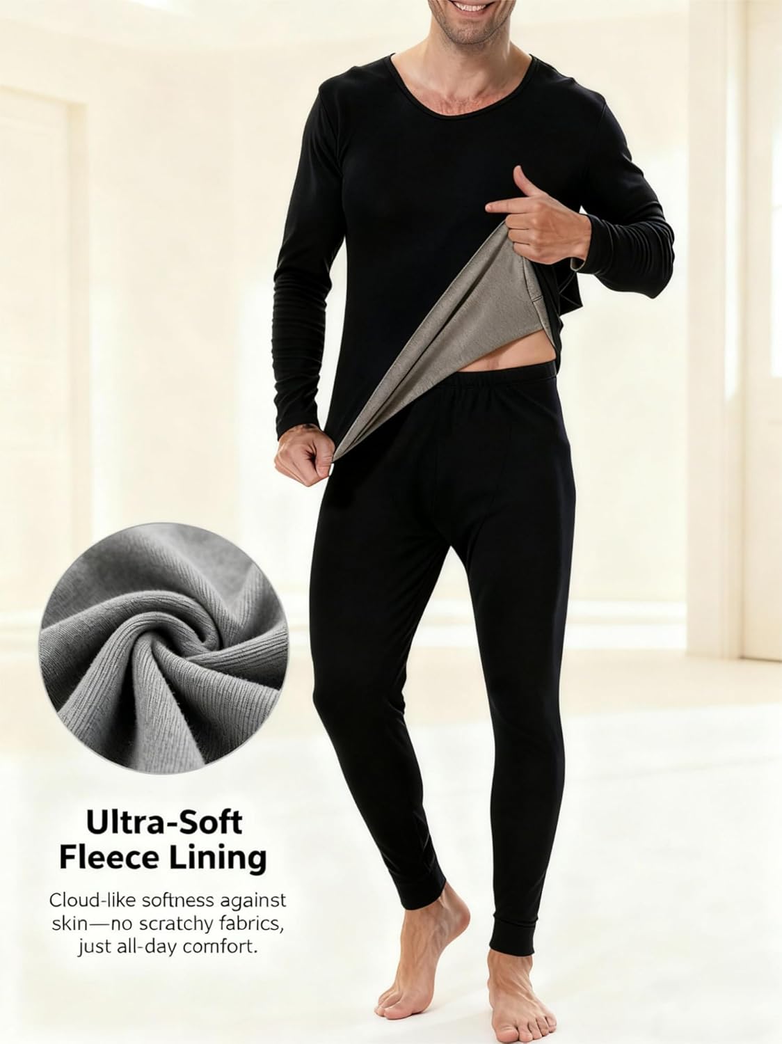 Thermal Underwear for Men Long Johns with Fleece Lined Base Layer Men Cold Weather Top Bottom Black (Black, L)