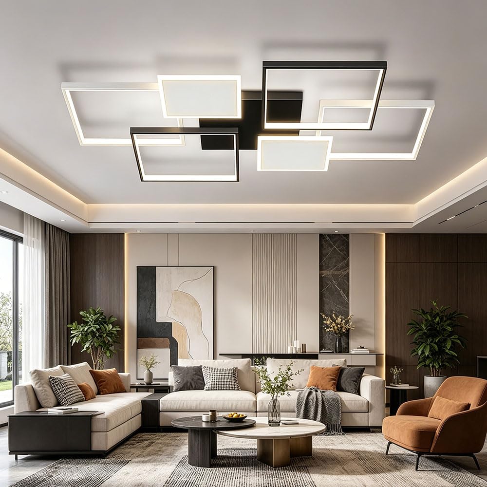 LIUYU Lampadari LED Soffitto Rettangolare Dimmerabile 90x60cm Nero-Bianco | Lampadario soggiorno led con telecomando 68W luce regolabile 3000K-6500K Alluminio Acrilico per Soggiorno Camera da Letto