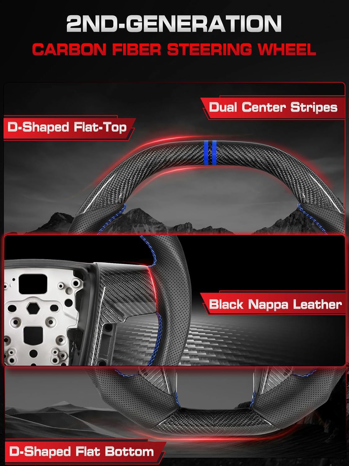 Real Carbon Fiber Steering Wheel for Ford F150 (2009-2014) & SVT Raptor (2010-2014), Double D-Shape, Dual Blue Stripes & Stitching, Hand-Stitched Nappa Leather