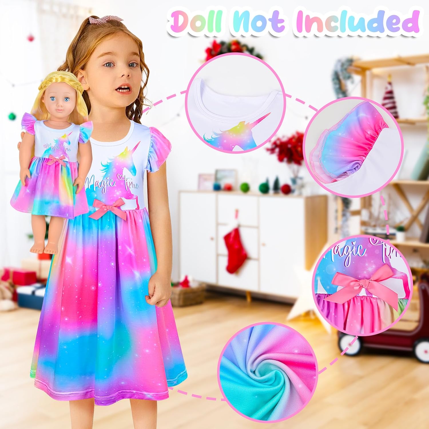 Sylfairy Doll and Girl Matching Nightgown Unicorn Outfit Princess Pajamas Night Dress for Girls and 18" Dolls Clothes - Image 4