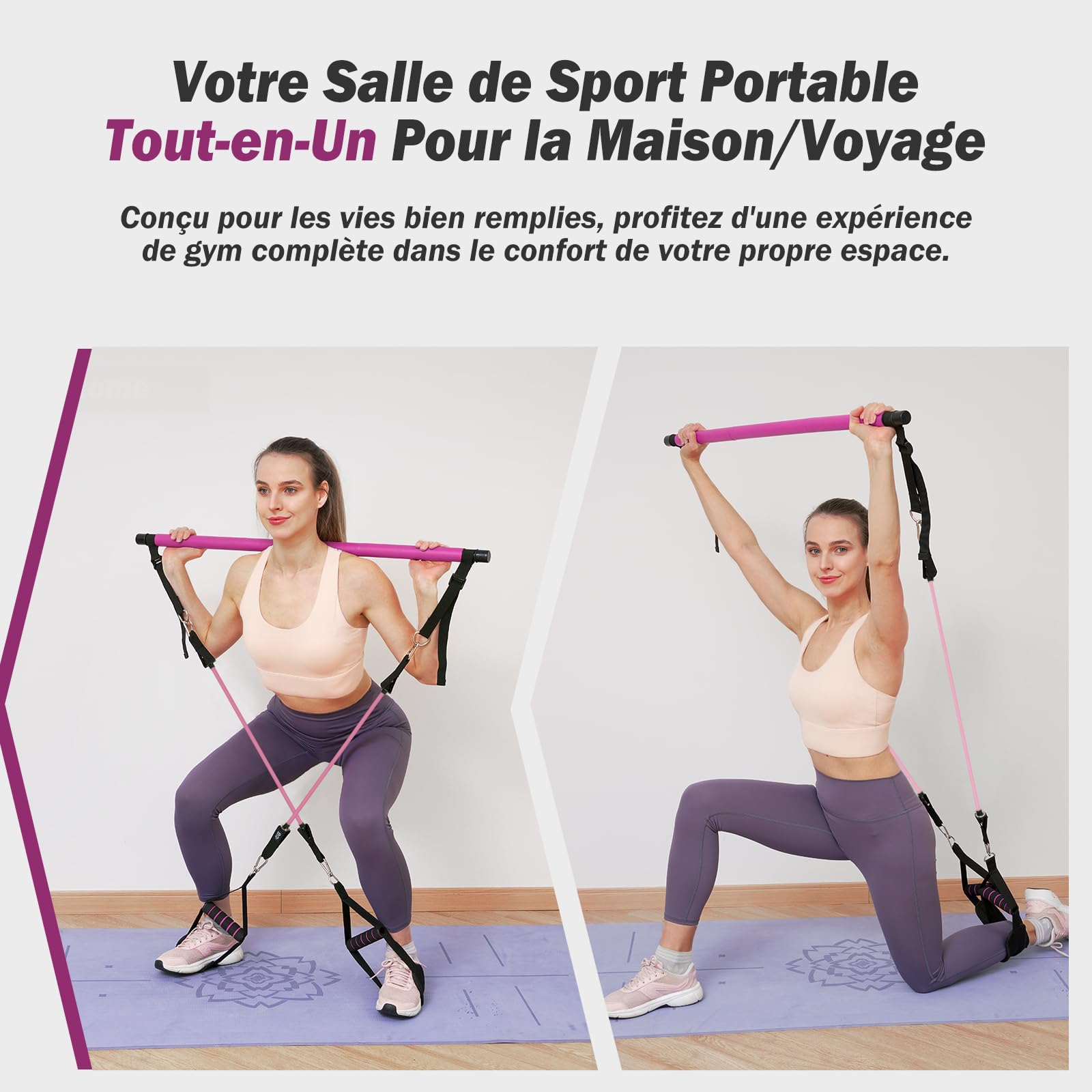 ALongSong Elastiques Musculation Sport Maison - Kit Barre de Pilates pour Homme Femme avec 4 Bandes de Résistance Élastique 20-140Lbs & Minuteur pour Complet Entraînement Yoga/Musculation