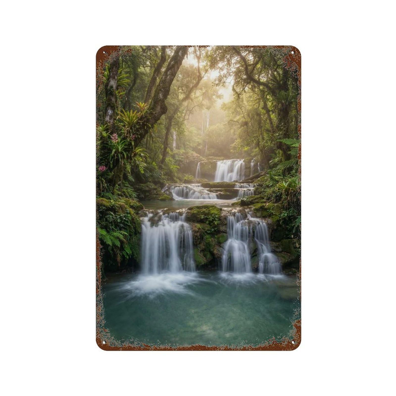 Rust Effect Lush Rainforest Waterfall Aged Metal Wall Plaque 11.8"x7.9", Classic Wall Plaque for Basement, Hobby Room And Garage Decor
