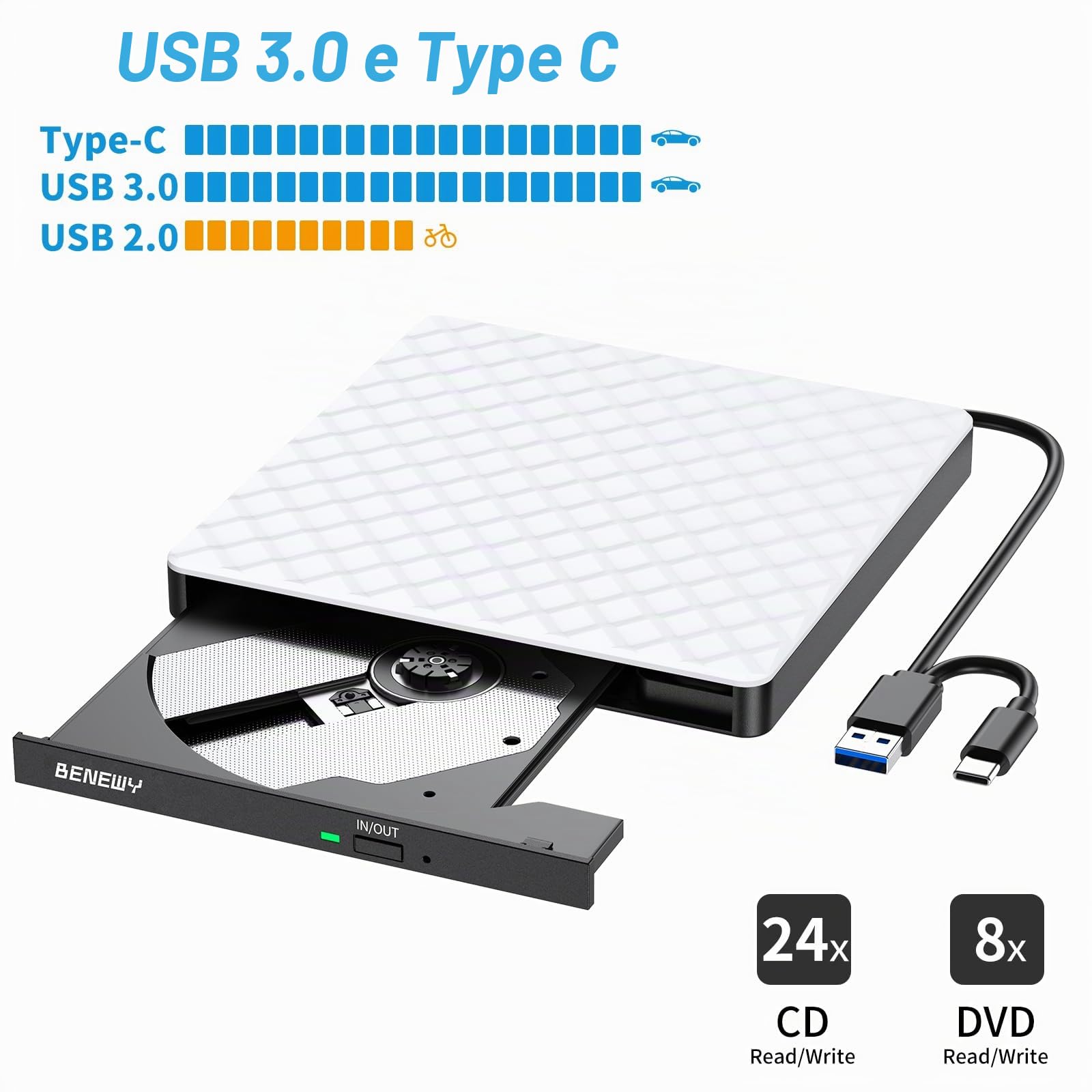BENEWY Lettore Masterizzatore Unità Esterna Lettore CD/DVD -/+RW per PC Portatile,Laptop,Desktop,Macbook per Windows 11/10/8.1/7/XP/Vista/Linux/MacOS