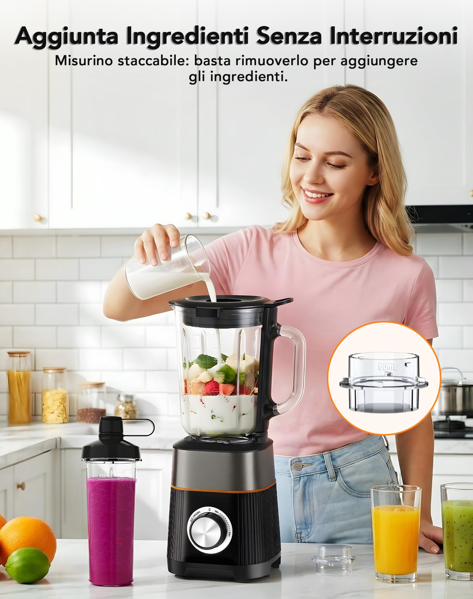 Frullatore 1000W, Frullatore Elettrico Multifunzione 2-in-1, Mixer Cucina Bicchiere in Vetro 1,5L e Bottiglia Portatile 600ml, Lama Acciaio Inox per Ghiaccio, Auto-Pulizia, Regolazione Velocità