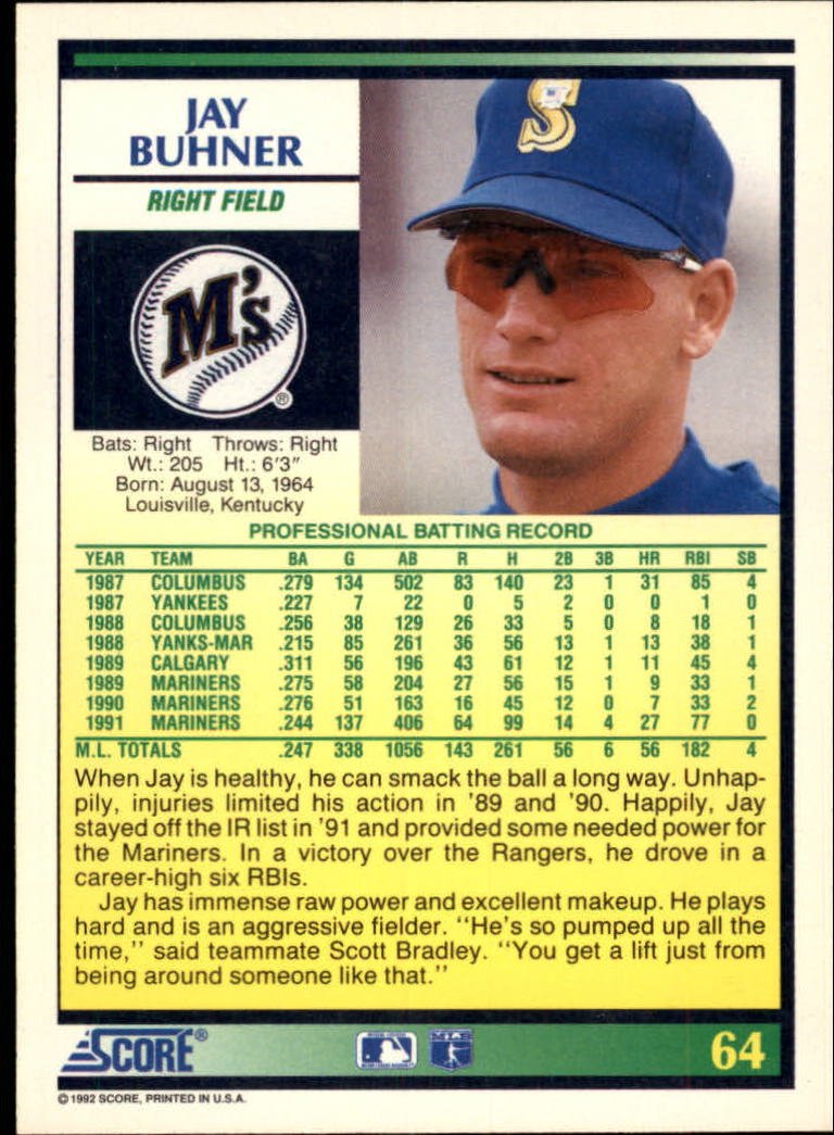 Amazon.com: 1992 Score Baseball Card #64 Jay Buhner Mint