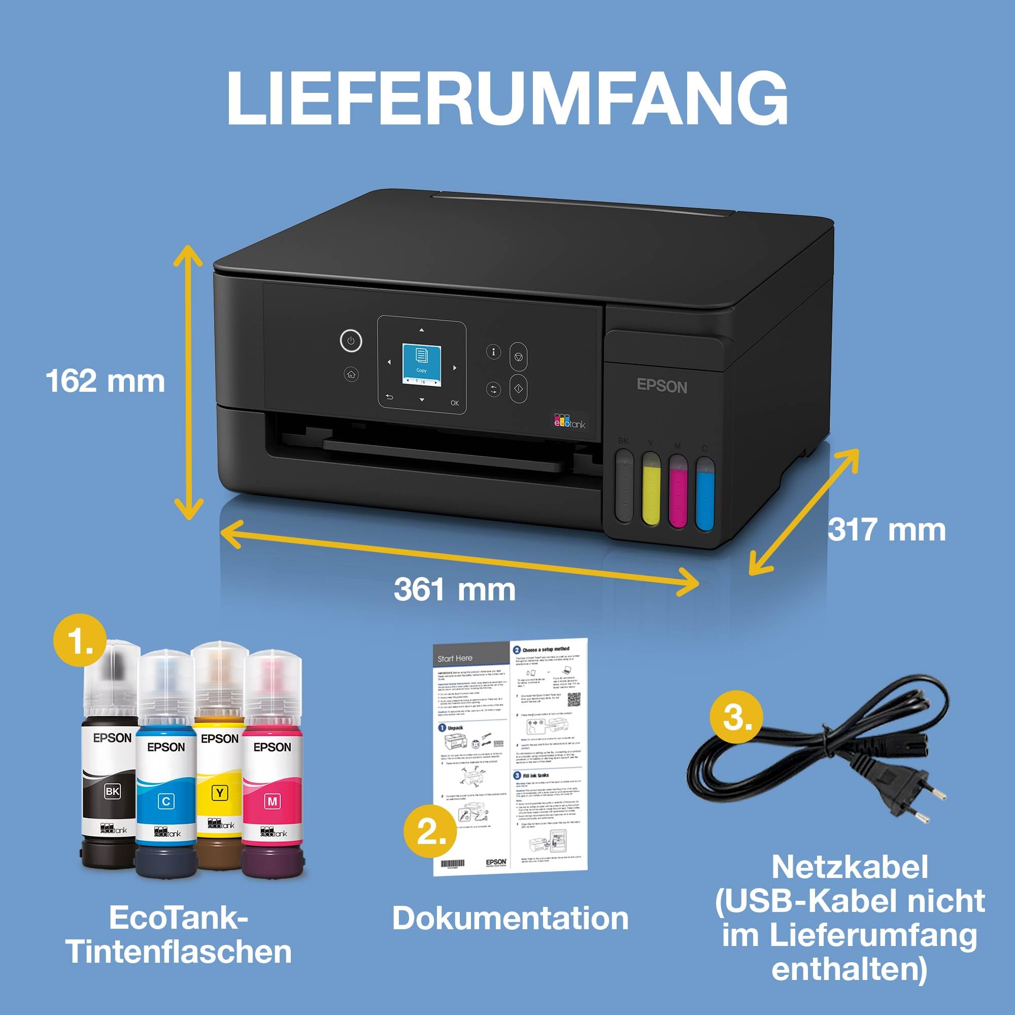 Epson EcoTank ET-2922 | Für vielbeschäftigte Haushalte | Wi-Fi | A4 | Drucken, Kopieren, Scannen | LC-Display | AirPrint-kompatibel | Kompakt | Enthält bis zu 3 Jahre Tinte