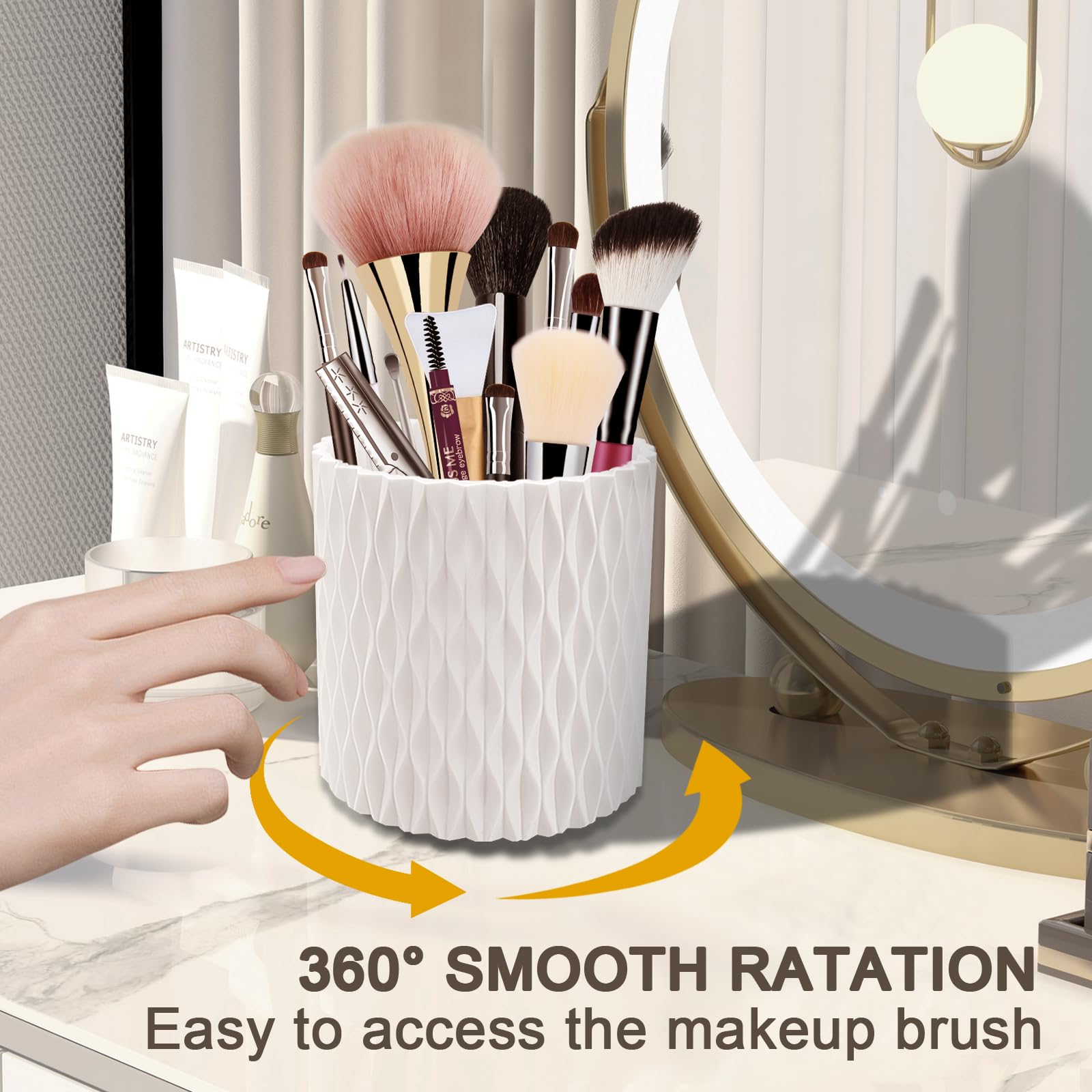 InterMaka Makeup Brush Holder, Rotating Cosmetic Container with 5 Slot, Makeup Brush Storage for Comb, Beauty Tool in Vanity Bathroom makeup brush organizer for Desk Countertop - White