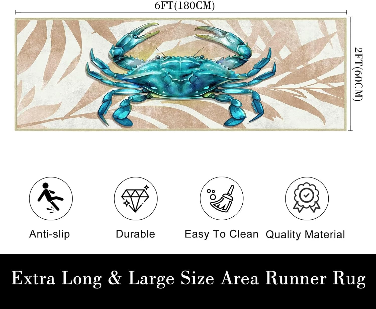 Crab Long Runner Rug 2x6 Throw Rug Coastal Kitchen Runners Ultra-Thin Low Pile Carpet Washable Hallway Rugs Mats Nautical Area Rugs Non-Slip Floor Carpets for Bedroom Laundry Entrance Door Mat Indoor