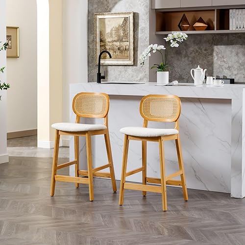 Miniatura 7 de ROCITY Juego de 2 taburetes de bar de ratán, taburetes de bar tapizados de sherpa beige de 26 pulgadas, sillas de isla de cocina de madera natural