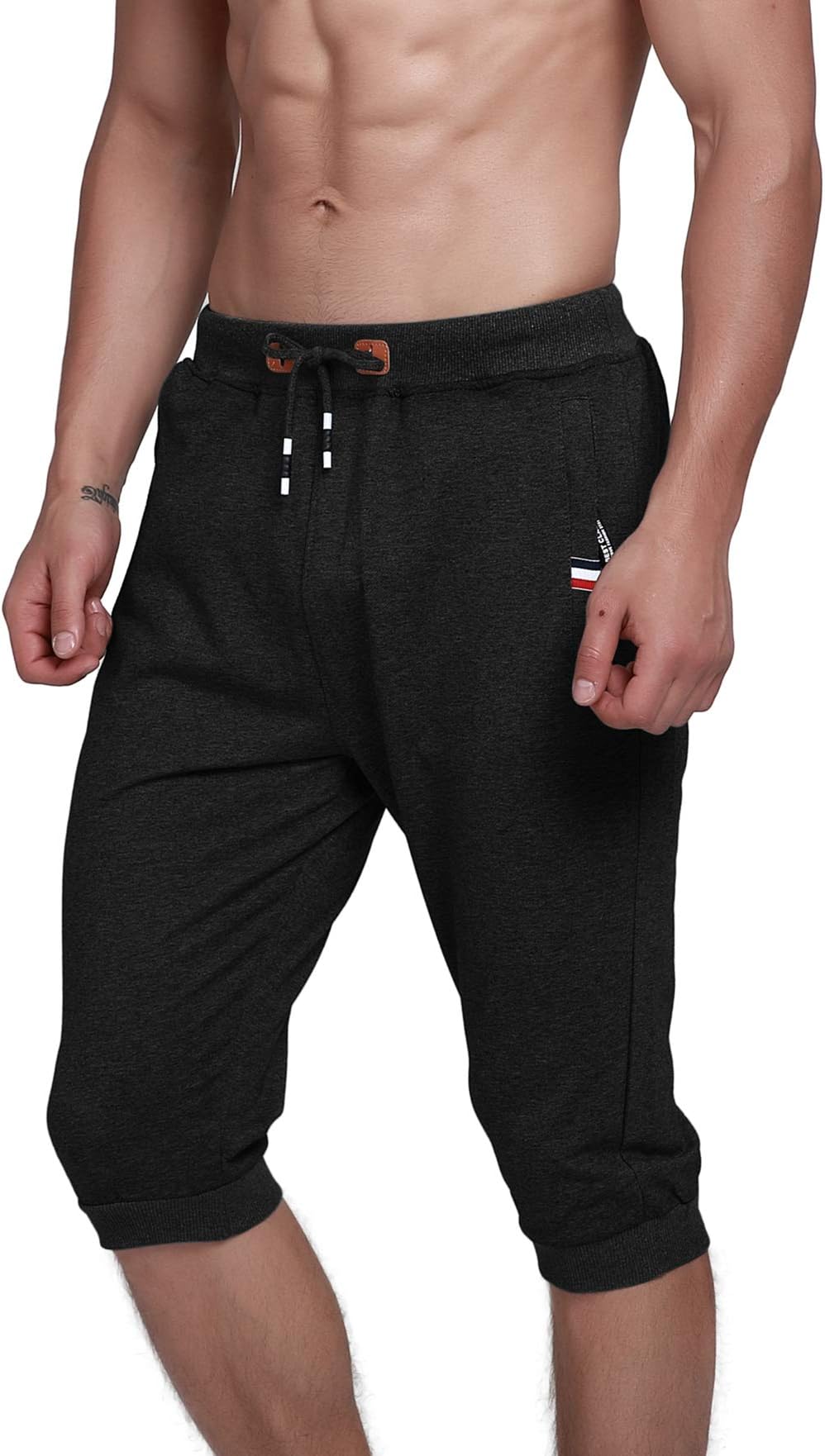 YSENTO Mens Cotton Casual 3/4 Joggers Shorts Gym Running Shorts Workout Jogger Shorts with Zip Pockets(Black,30)