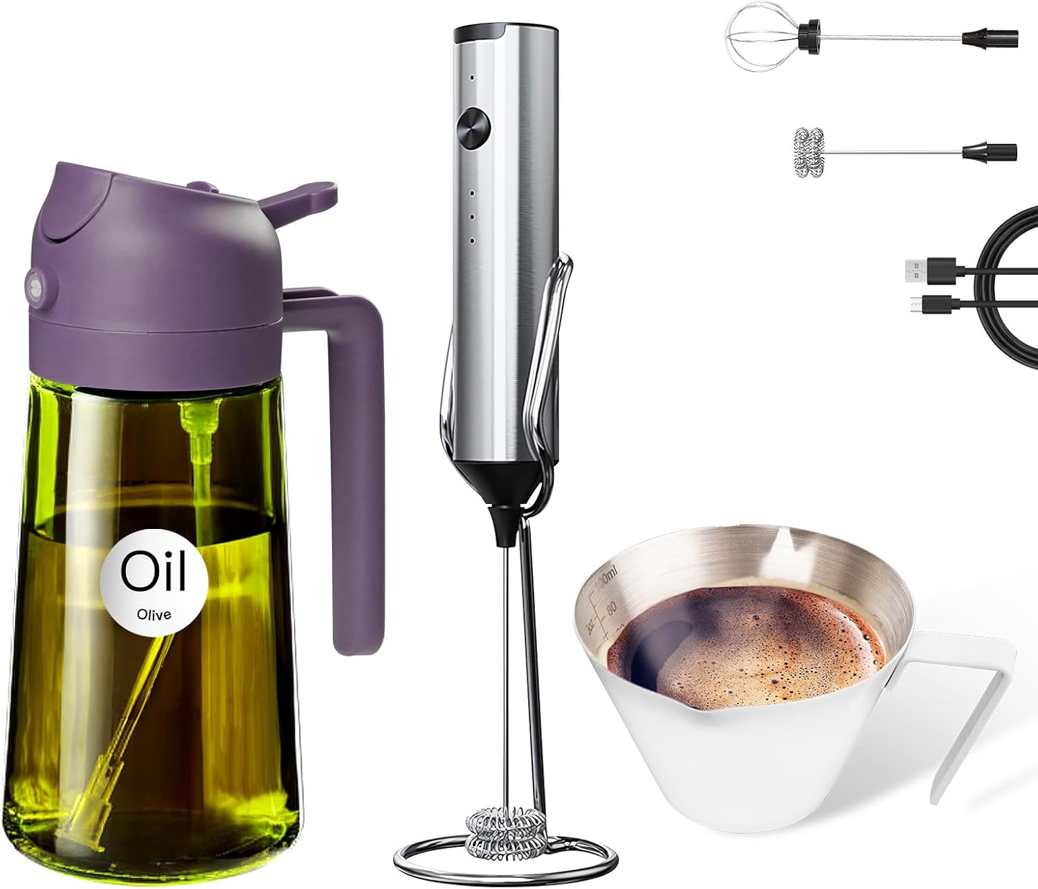 YARRAMATE 16oz/470ml Glass Olive Oil Sprayer (Purple), Espresso Cup and Rechargeable Milk Frother