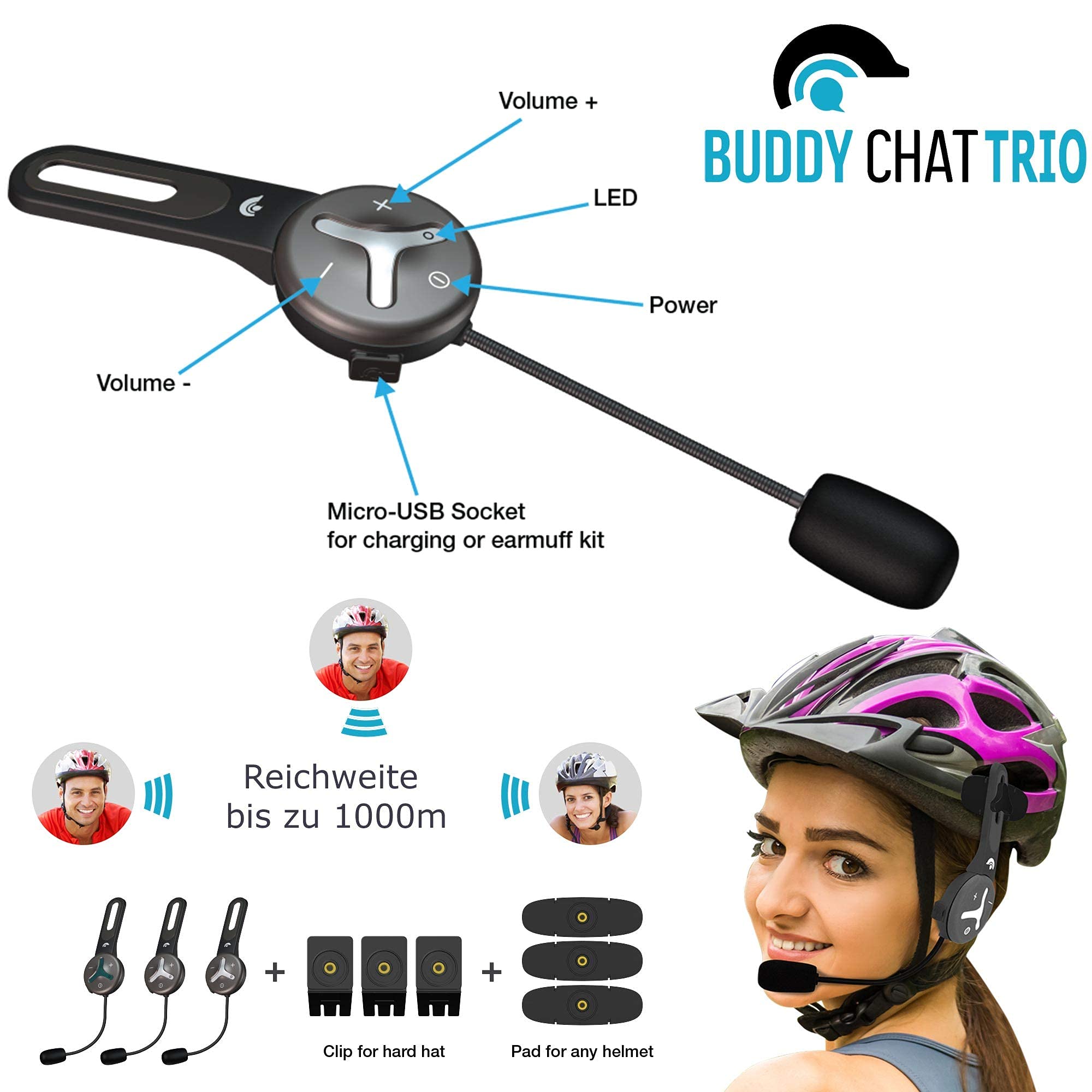 Trio – Citofono con 3 moduli auricolari Bluetooth con portata fino a 1 km – vivavoce con cancellazione del rumore DSP e connessione smartphone