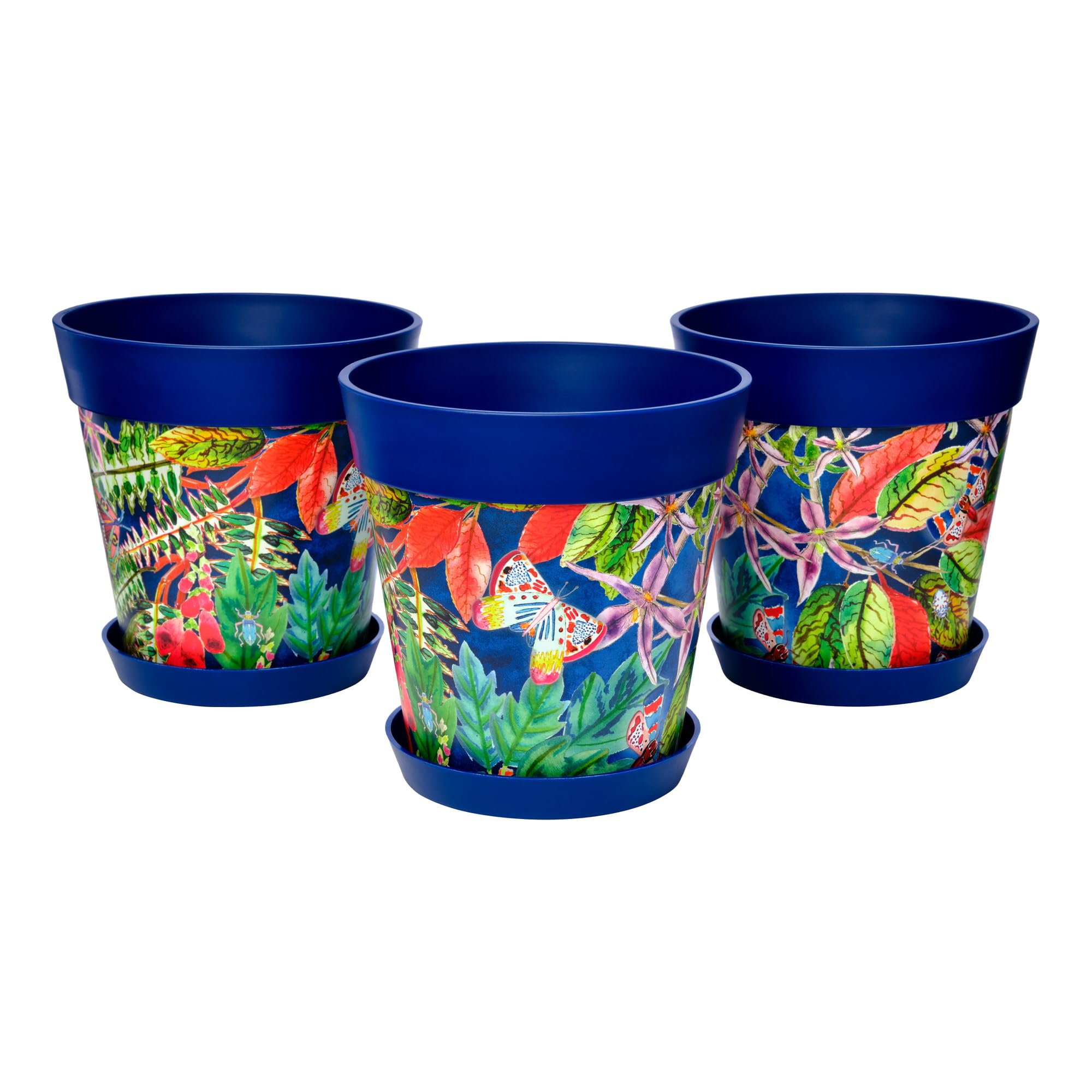Hum Flowerpots Blue Leaves Set Of 3 Plastic, Indoor/Outdoor Plant Pots 22Cm Diameter And 3 Saucers 17Cm Diameter (Blue Leaves)