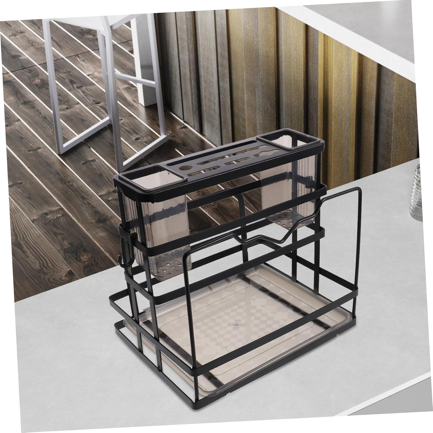 STOBAZA Sponge Holder Stand and Kitchen Utensil Organizer Carbon Steel Knife Holder Removable Drain Tray for Versatile Storage and Elegant Design Black