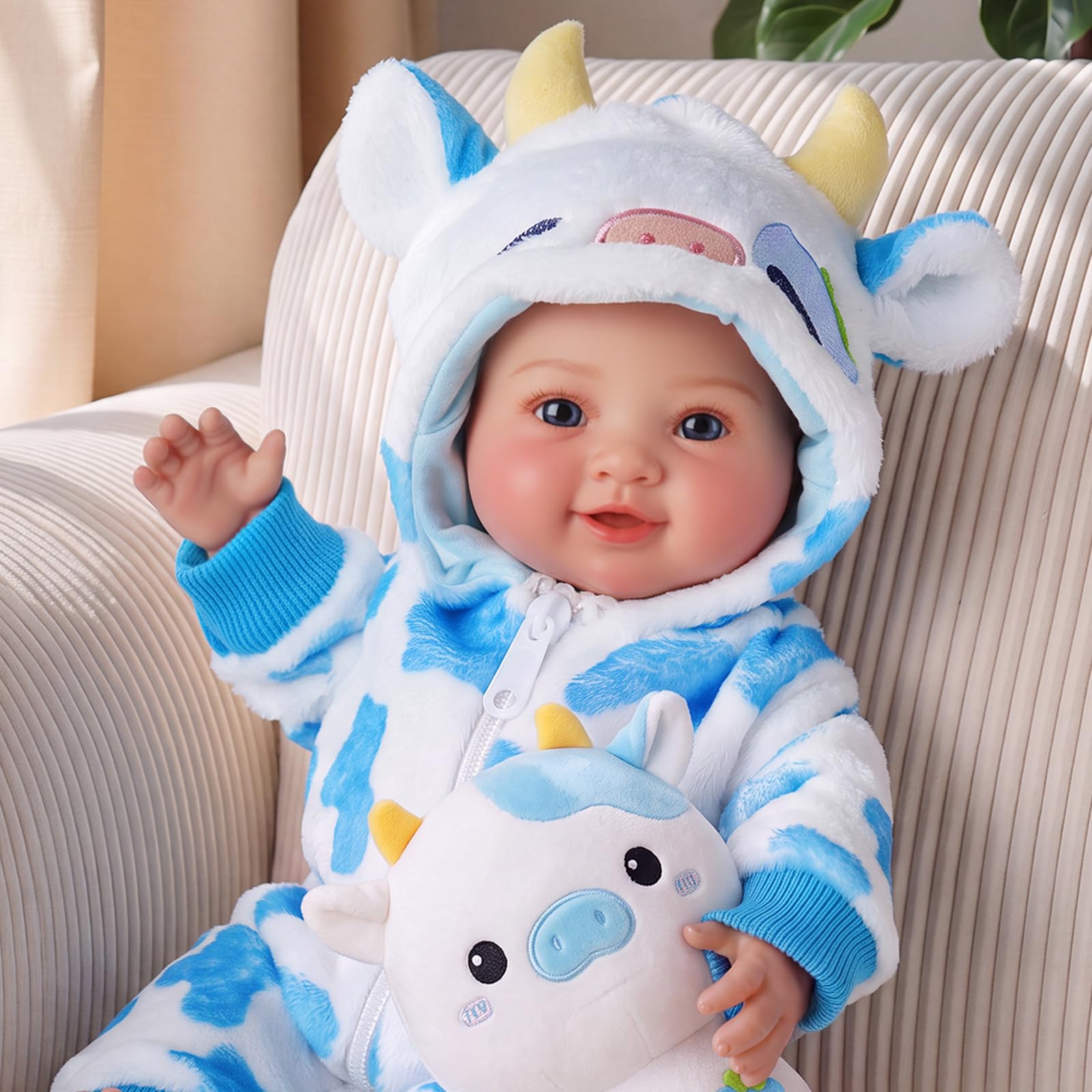 BABESIDE Realistic Baby Doll 15 Inch, Soft Baby Dolls with Blue Cow Outfit