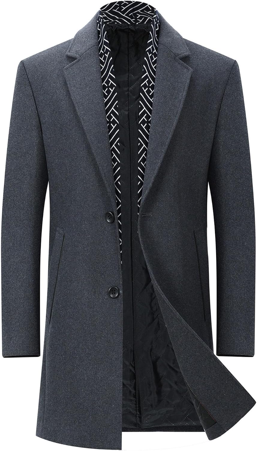 Men's Winter Trench Overcoat Coat Wool Blend Casual Suit Jacket Slim Fit Two Buttons Business Jacket