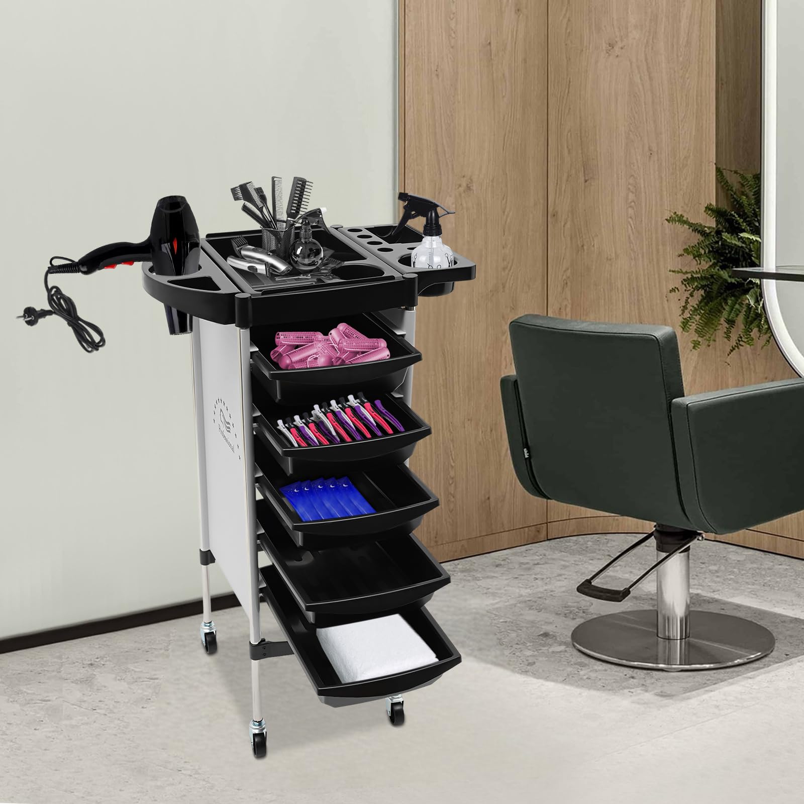 Chariot de coiffeur 6 étages 5 tiroirs amovibles plateau à outils 4 roues universelles pour salon coiffure tatouage