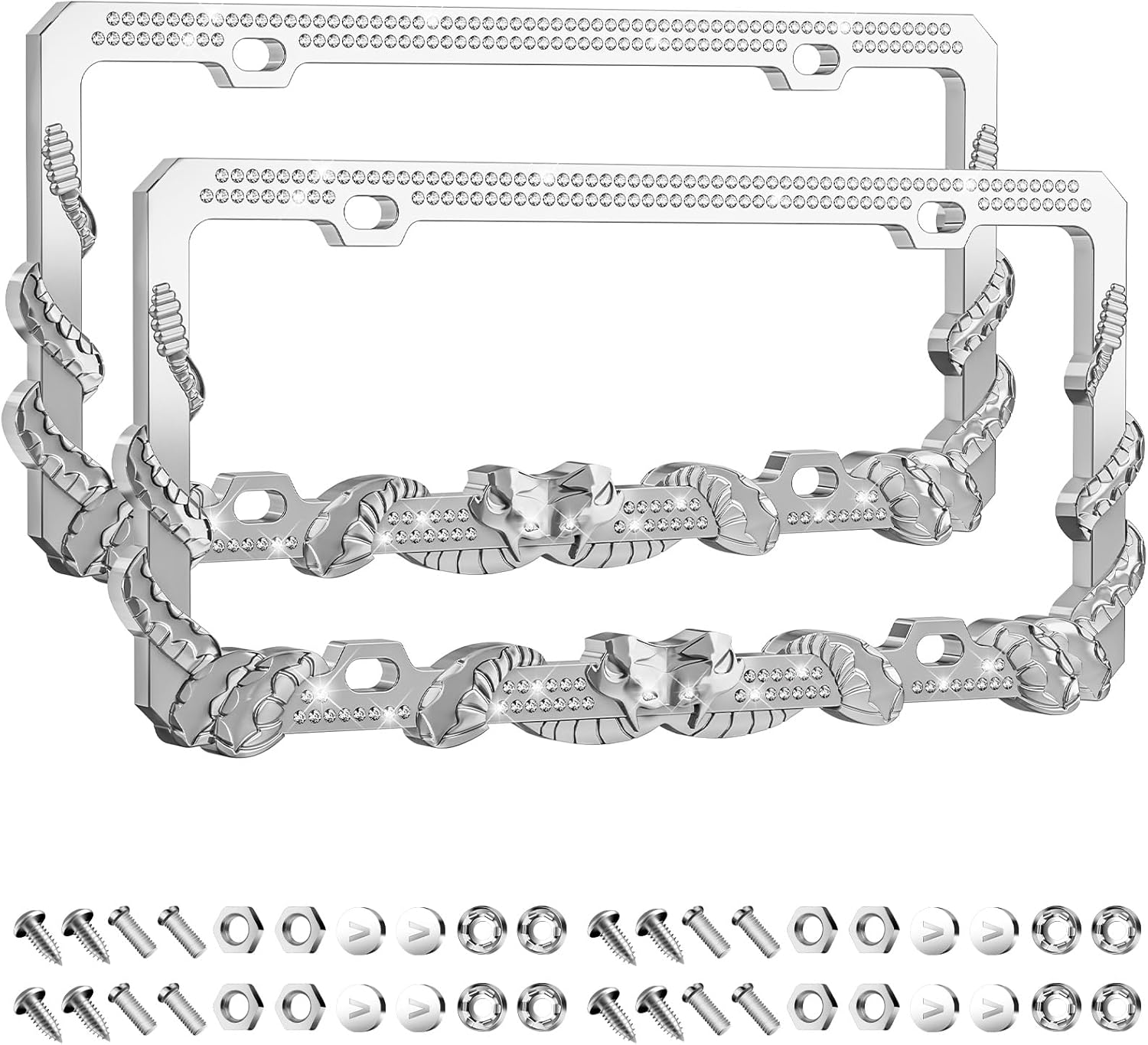 Valor 2 Pack Metal Plated Nobelium Silver White Diamondback Viper License Plate Frame Bling Crystals Glitter Rhinestone Car License Plate Holder, 4 Holes Zinc Alloy Frame with Anti Theft Screw Caps