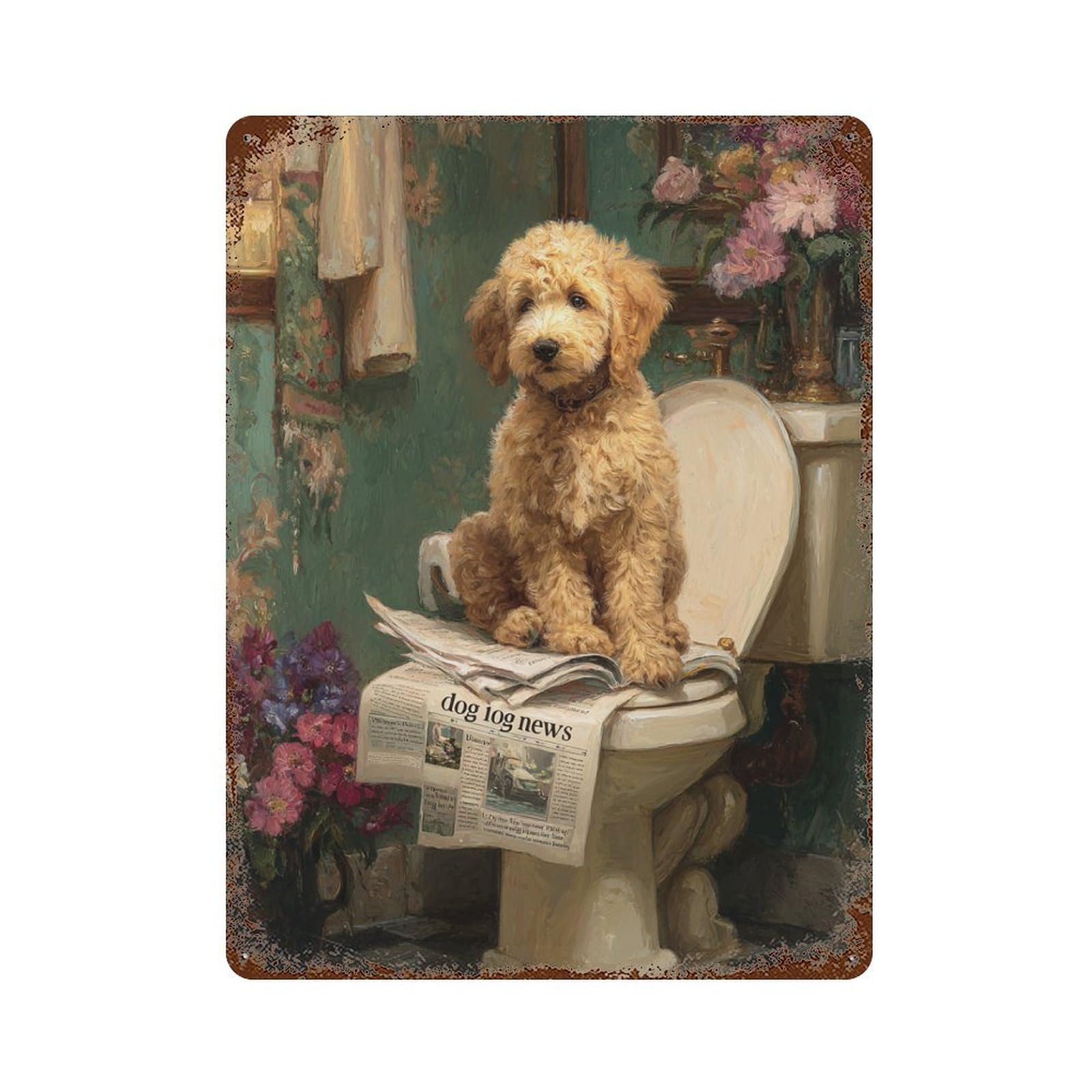 Rust Effect Golden Retriever Reading Newspaper on Toilet -1 Weathered Tin Sign 15.7"x11.8", Shabby Chic Decor for Patio, Garden Room And Bar Decor