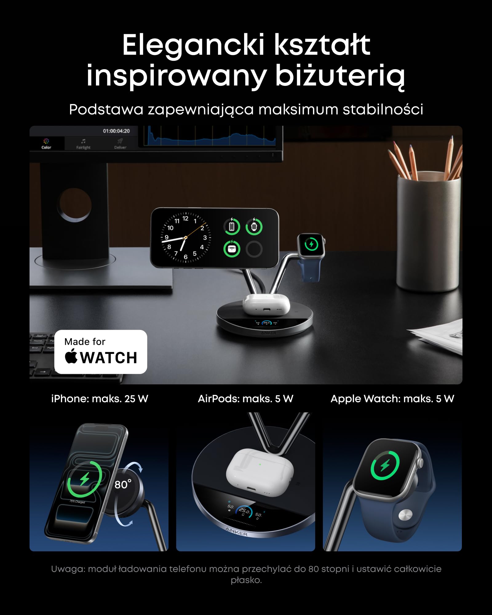 Anker Prime Ładowarka kompatybilna z MagSafe 3-w-1, certyfikowana stacja ładowania bezprzewodowego Qi2 25W z inteligentnym wyświetlaczem i aktywnym chłodzeniem TEC, dla iPhone 17, Apple Watch, AirPods