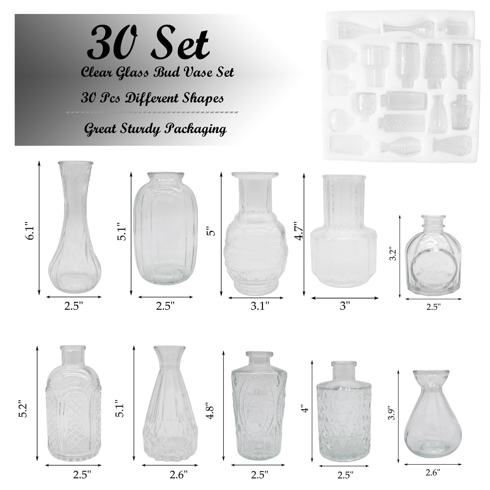 Glass Bud Vases Set of 30,Clear Bud Vases in Bulk,Small Bulk Vases