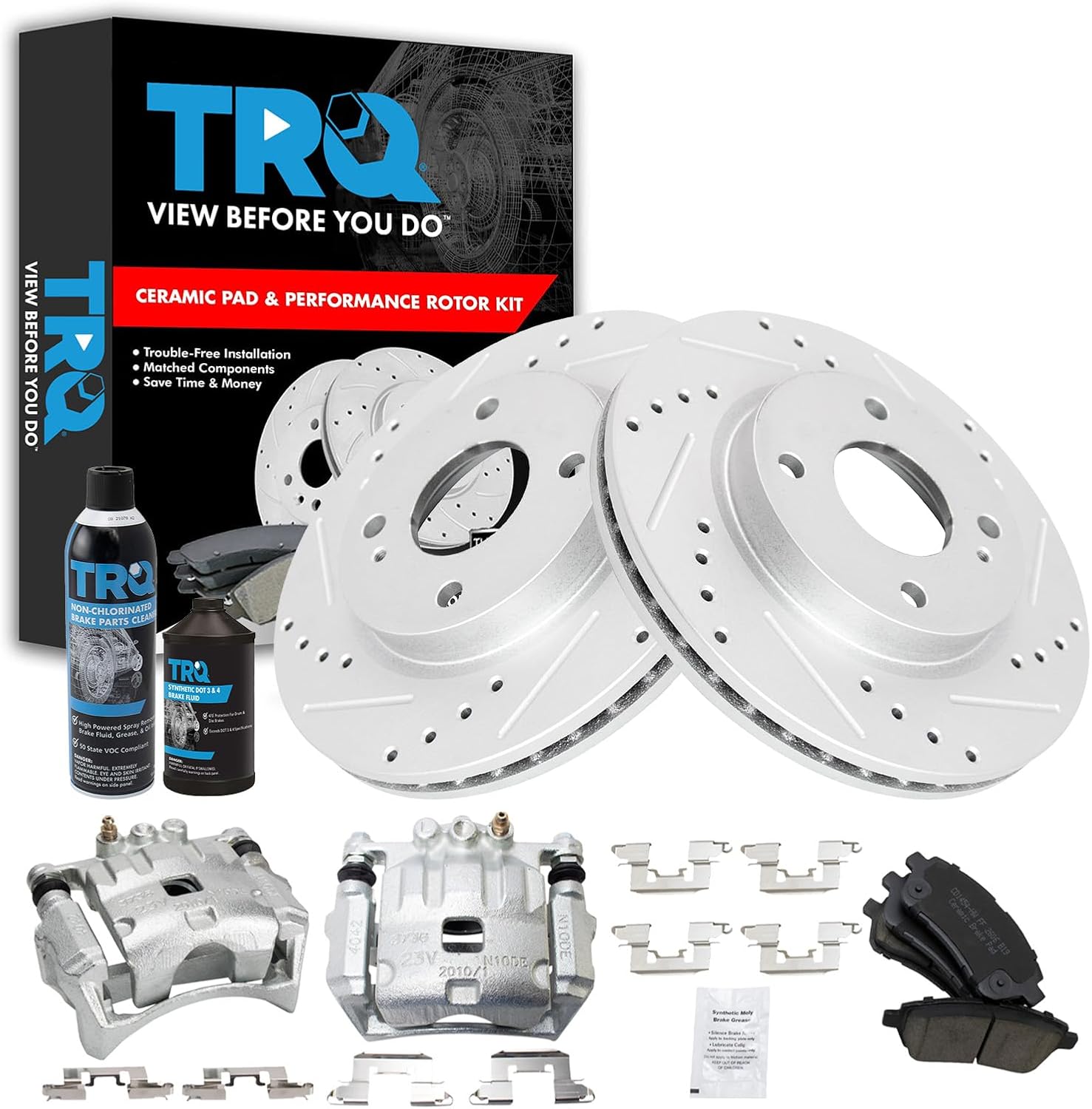 TRQ Front Performance Brake Pad & Rotor Kit Brake Caliper Brake Chemical Kit Brake Pads Brake Rotors Set Ceramic Premium G-Coated Compatible with 2011-2018 Ford Fiesta