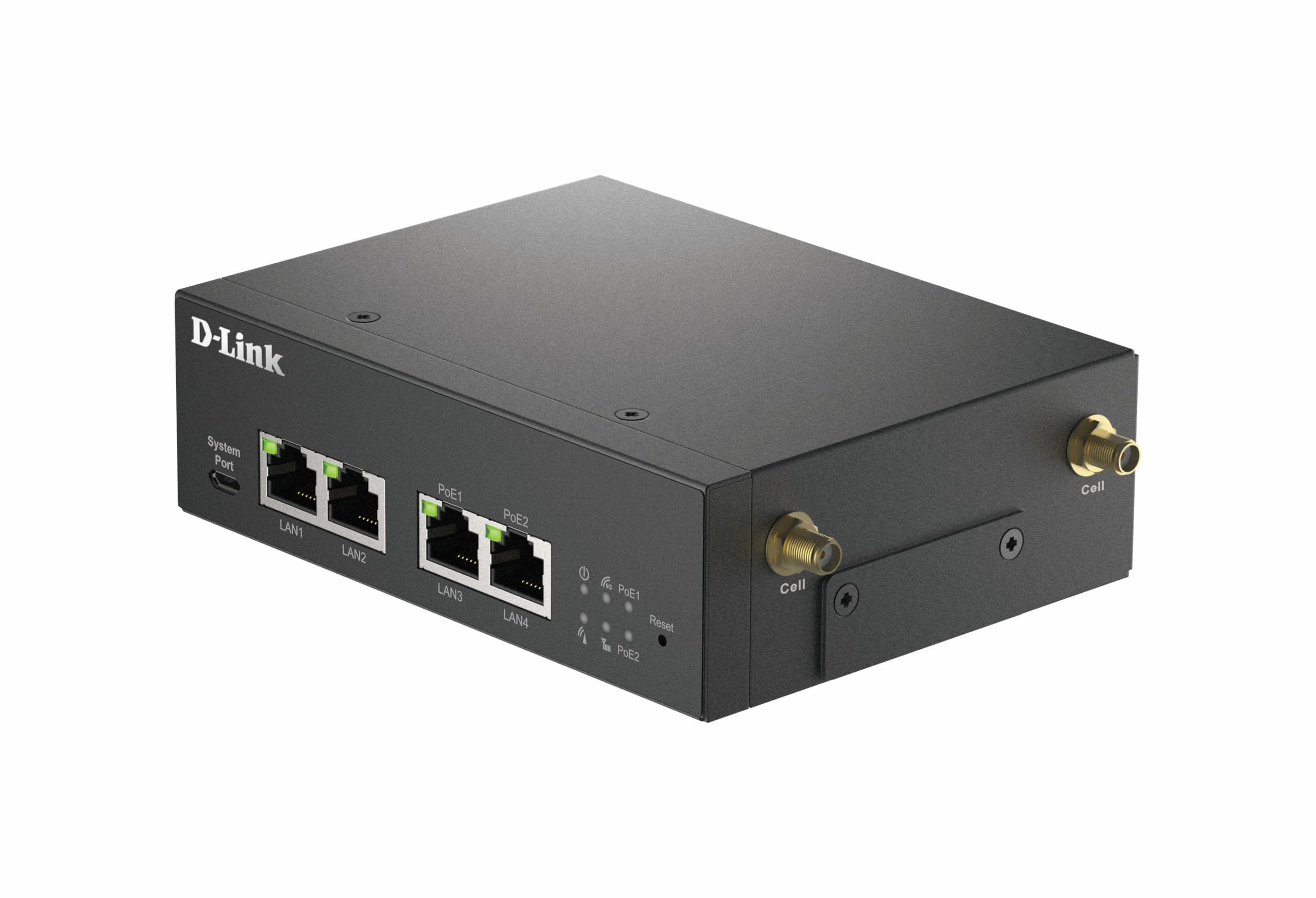 D-Link DWM-314-GP 5G M2M VPN PoE, Router industriale 5G NR robusto, Gateway IoT, Dual SIM, monitoraggio remoto, SA, NSA, 4G LTE Cat 19, 4 GbE, client OpenVPN/Wireguard, 48-57V DC