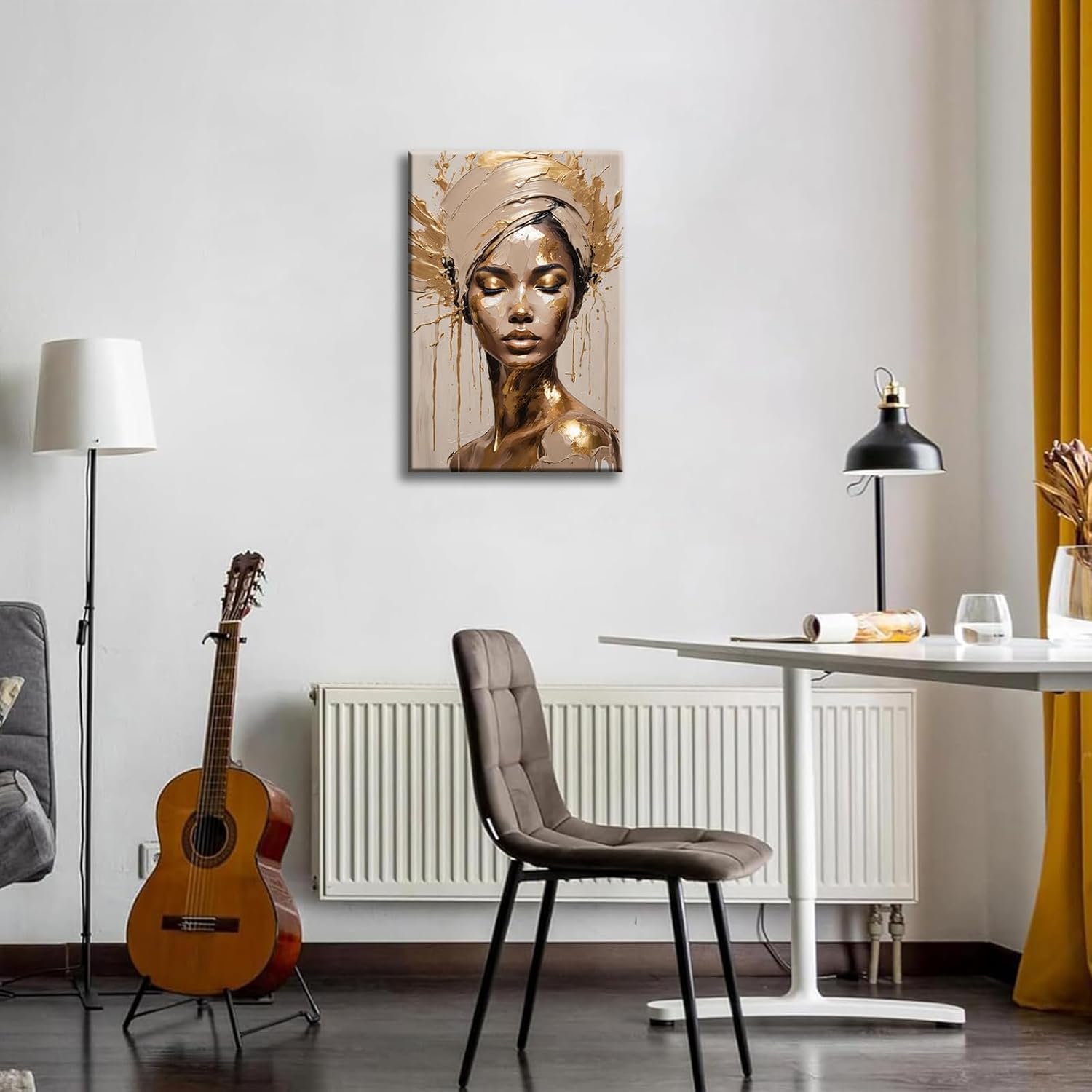 FuFoyi 1Piece Metallic Gold Black Woman Beauty Canvas Wall Art Luxury African American Wall Decor Living Room Bathroom Office Home Decoration 16x24 Inches Framed Ready to Hang