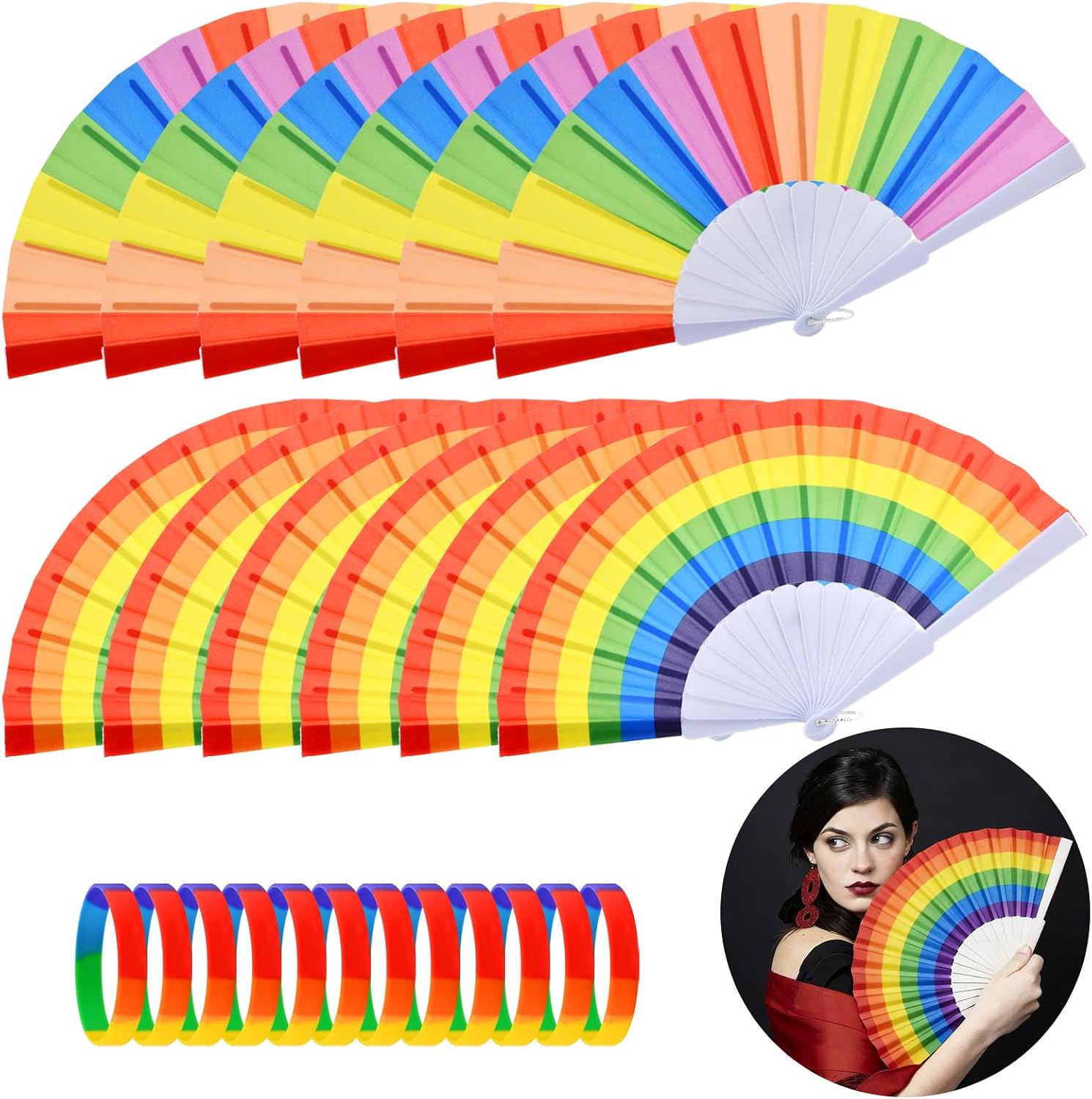 12 Pcs Rainbow Folding Fans Colorful Hand Held Fan, Rainbow Party Decoration, LGBT Pride Accessories, LGBT Pride Month Fans Hand Folding Fans for Women/Men