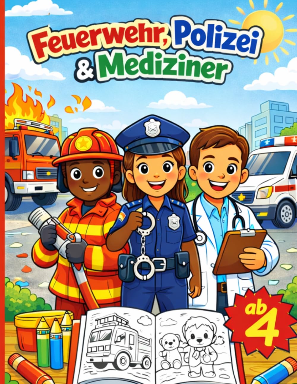Feuerwehr, Polizei & Mediziner – Mein erstes Berufe Malbuch ab 4: Einfache und große Motive für Jungen & Mädchen | 50 kindgerechte Ausmalbilder mit dicken Linien