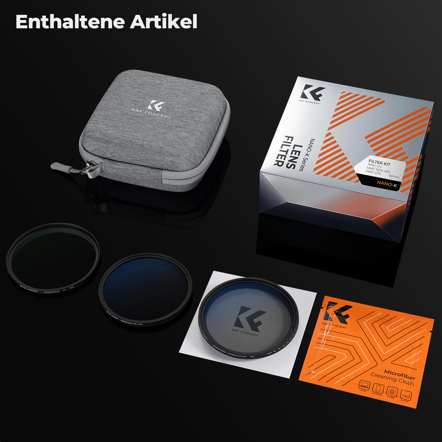 K&F CONCEPT Filtersets 62mm Variabler ND2-400 Filter(1-9 Blendenstufen)+ Polfilter (CPL)+UV Filter（Nano Klear-Serie）