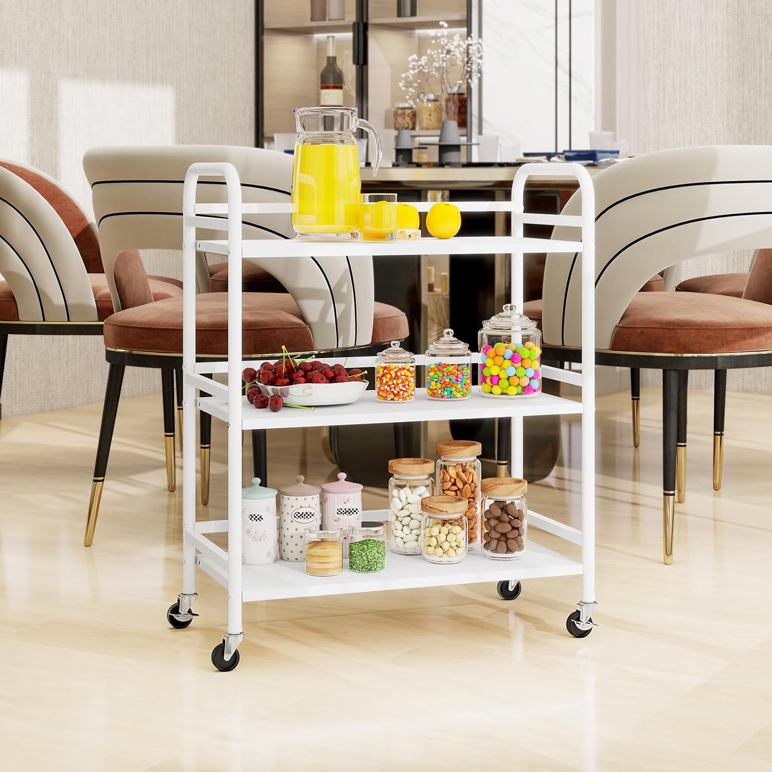 HDANI 3 Tier Metal Utility Multipurpose Rolling Cart,Large Capacity Heavy Duty Rolling Cart with 2 Lockable Wheels for Home,Office,Kitchen,Bathroom,Bedroom,White