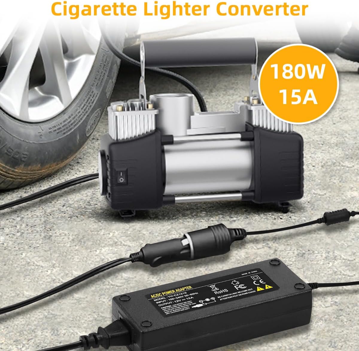 180W AC to DC Converter, 110V to 12V 15A Car Cigarette Lighter Socket AC/DC Adaptor Power Supply for Car Refrigerator, Tire Inflator, Vacuum Cleaner and Other Devices 7.2FT