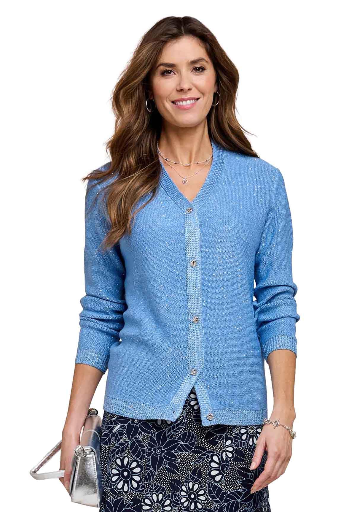 Amber Ladies Sequin Yarn Button Cardigan, Long Sleeve Fine Gauge Sparkle Knit with Silver Buttons, Lightweight Soft Knit Blue 12-14
