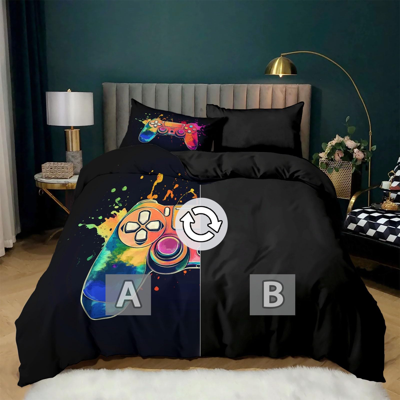 Générique 3-częściowy zestaw pościeli w stylu akwareli gamepad, czarna poszwa na kołdrę dla 2 osób 240 x 260 cm wystrój pokoju dziecięcego - miękka hipoalergiczna poszwa na kołdrę z mikrofibry