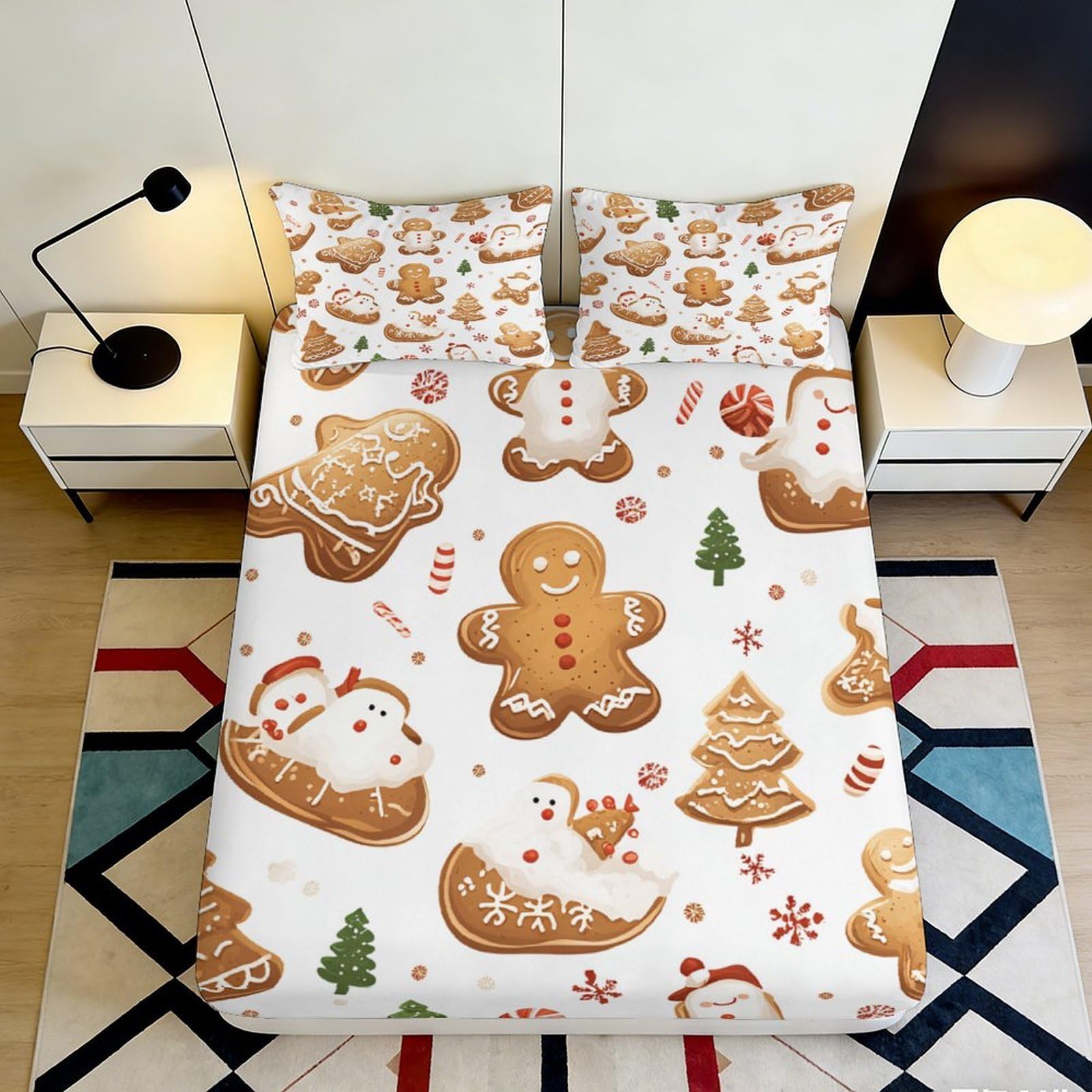 3D Printed Gingerbread Cookie Fitted Sheet Microfiber Soft Christmas Snowman Bed Cover for Bedroom Dorm Mattress Protection Decor 140x200x25cm