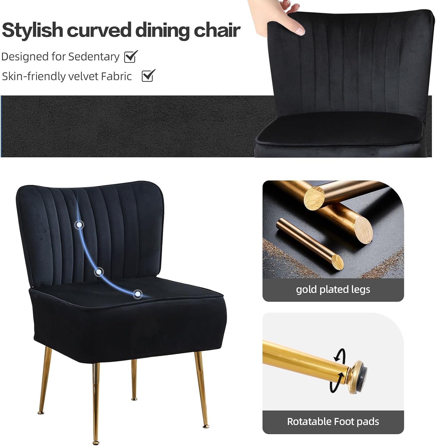 Velvet Accent Chairs Set of 2,Modern Armless Living Room Chairs,Upholstered Wingback Slipper Chair Single Sofa Chair with Golden Metal Legs,Comfy Side Chairs for Bedroom,Office,Black
