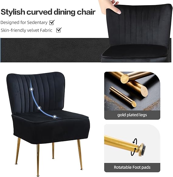 Velvet Accent Chairs,Modern Armless Living Room Chairs,Upholstered Wingback Slipper Chair Single Sofa Chair with Golden Metal Legs,Comfy Side Chairs for Small Space,Bedroom,Office,Black