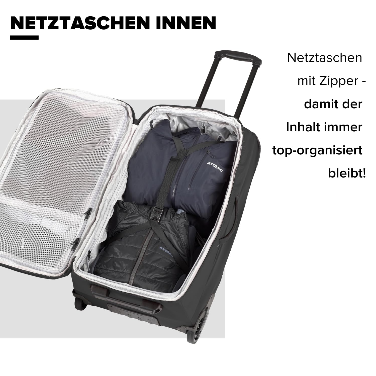 ATOMIC Trolley 90L Reisetasche - Schwarz - Hochwertige Reisetasche mit Rollen - Koffer zum Skifahren - Trolley mit Mehreren Fächern - Wasser- & schmutzabweisender Reisekoffer
