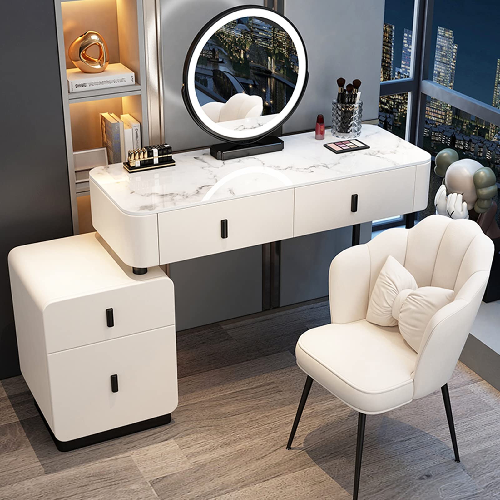 Scrivania da Toeletta per Trucco, Postazione Trucco, Set da Toletta con Specchio a LED Regolabile, Sgabello Imbottito e 4-5 Cassetti, Tavolo Portaoggetti per Cosmetici per Spogliatoio Camera da Letto