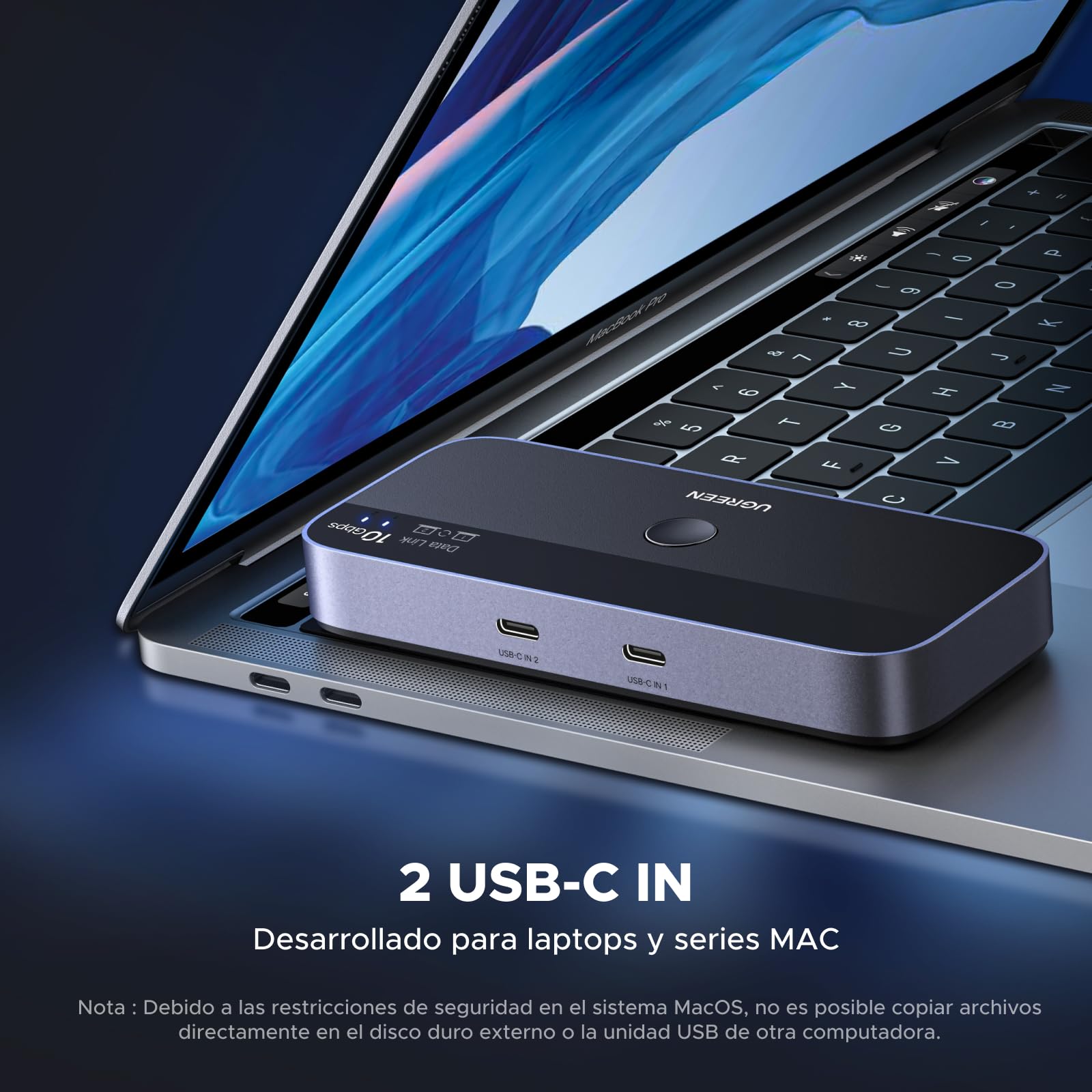 UGREEN Switch USB C 3.2 10Gbps Comutador KVM Puertos para 2 PC Entradas 4 Salidas Sincronización de Archivos para Teclado Ratón con Controlador del Escritorio e Incluye Cables
