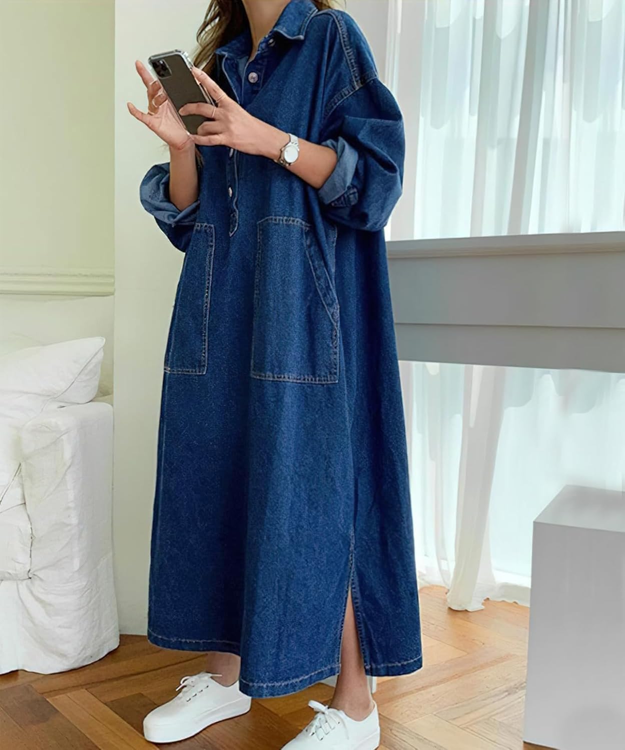 Womens Spring Fall Long Sleeve Denim Maxi Shirt Dress with Split - Image 4