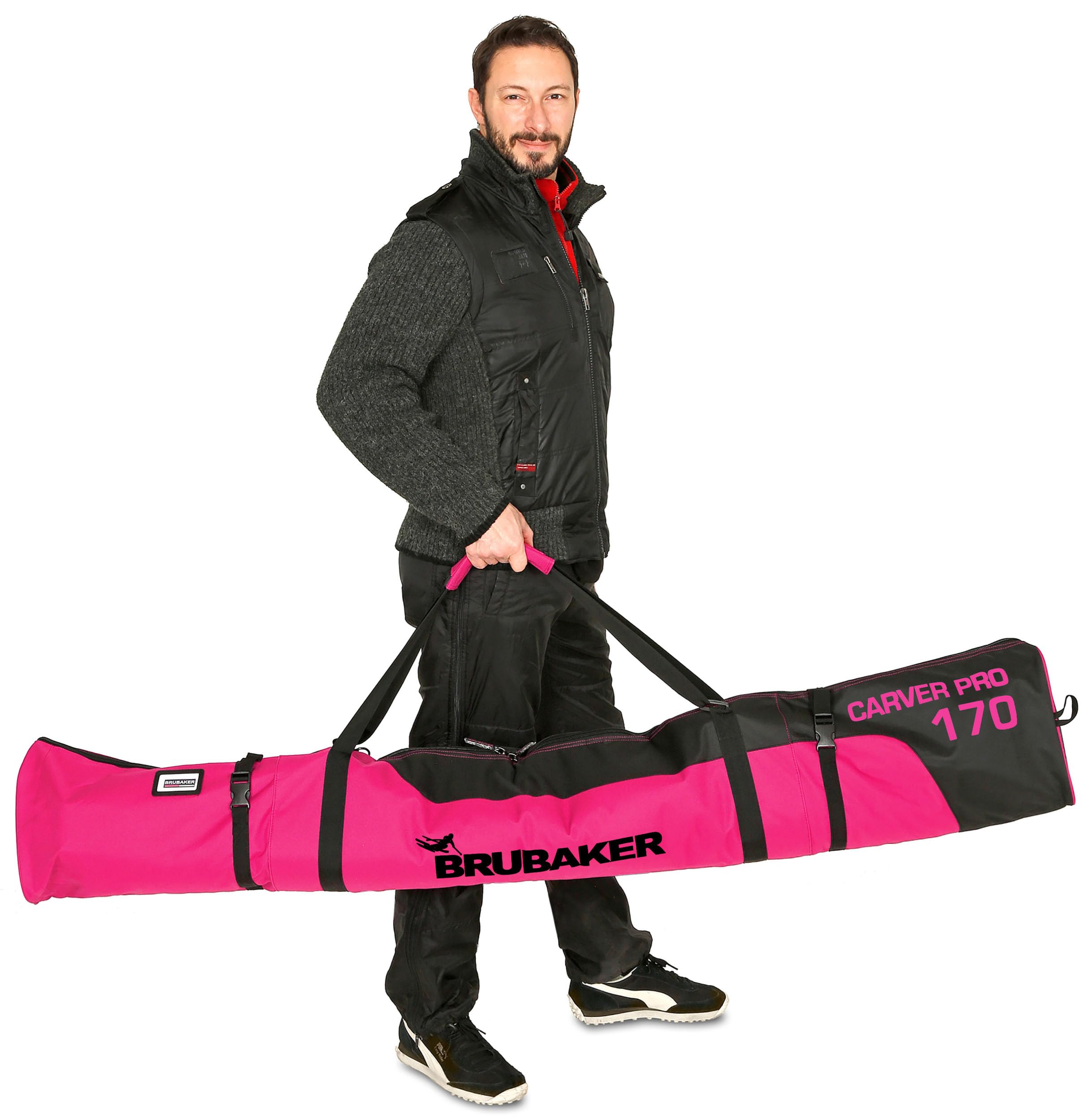 BRUBAKER Ski Kombi Set - Carver PRO - Skisack und Skischuhtasche für 1 Paar Ski 170 cm oder 190 cm + Stöcke + Schuhe + Helm - Rucksack Taschen Set für Skifahrer - Schwarz Pink