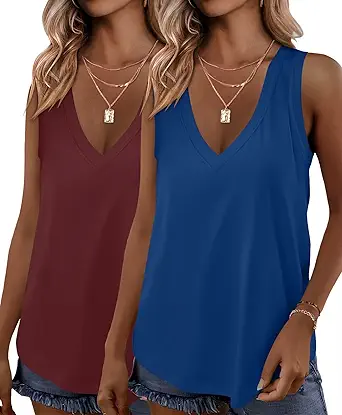 KKJ 2 Pack Womens Tank Tops Workout V Neck Tees Summer Sleeveless Loose Fit Casual Outfits Shirts Fall Fashion Clothes