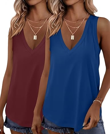 KKJ 2 Pack Womens Tank Tops Workout V Neck Tees Summer Sleeveless Loose Fit Casual Outfits Shirts Fall Fashion Clothes