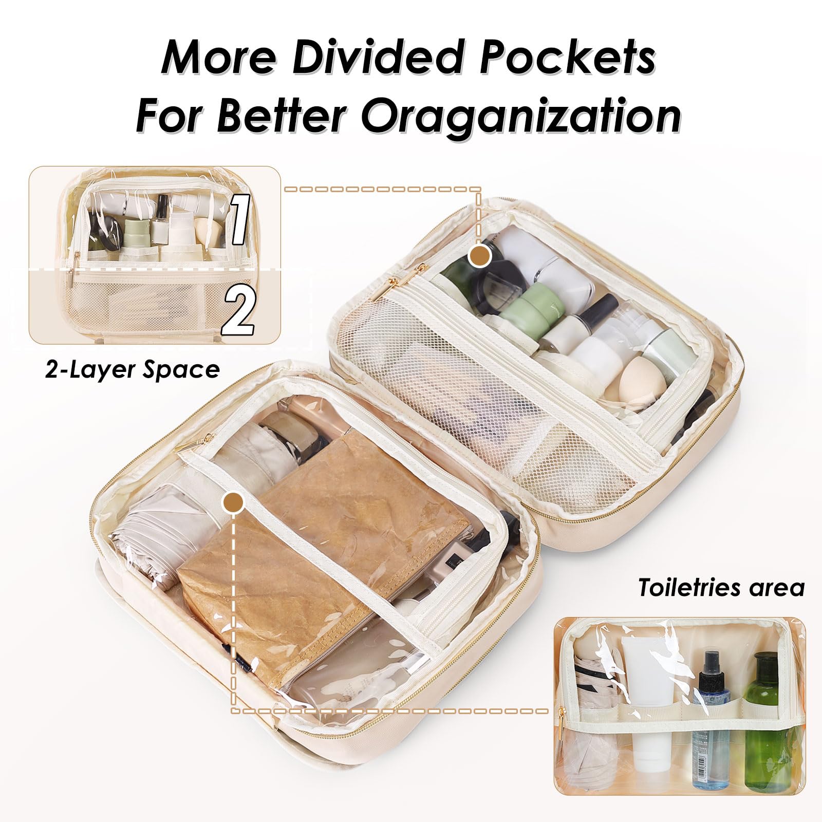 MDODO Neceser de Viaje para Maquillaje de Mujer, Organizador Colgante de Maquillaje Cosmético Bolsa de Maquillaje Negra, Beige, Estilo