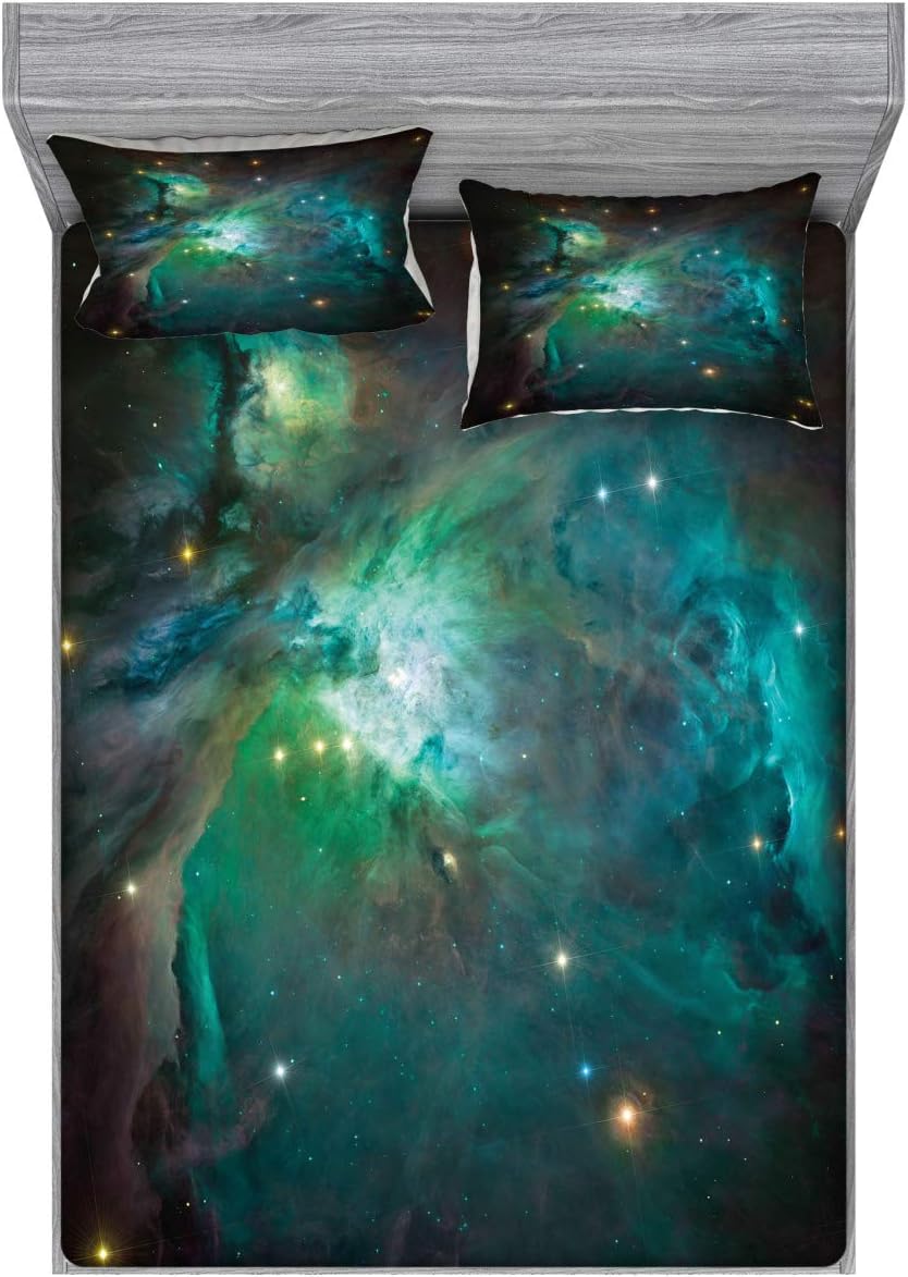 Ambesonne Space Fitted Sheet & Pillow Sham Set, Majestic Orion Nebula Dust Cloud Celestial Energy Plasma Astronomical Object Picture, Decorative Printed 3 Piece Bedding Decor Set, Full, Green Teal