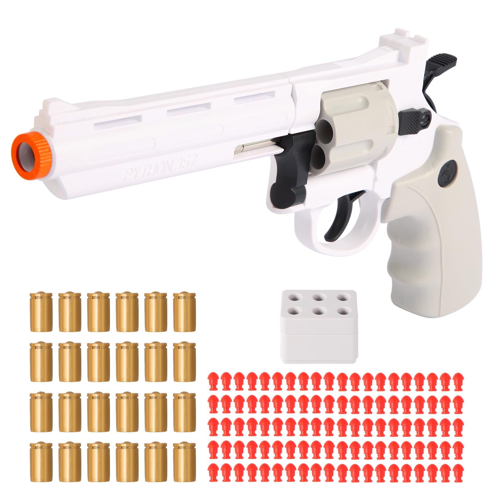 357 Full-Size Realistic Toy Revolver with Quick Cylinder Release & 32FT Precision Shooting - Durable ABS, Safe for Kids, Backyard Games & Cosplay - Includes Speed Loader, 24 Shells & 100 Soft Bullets
