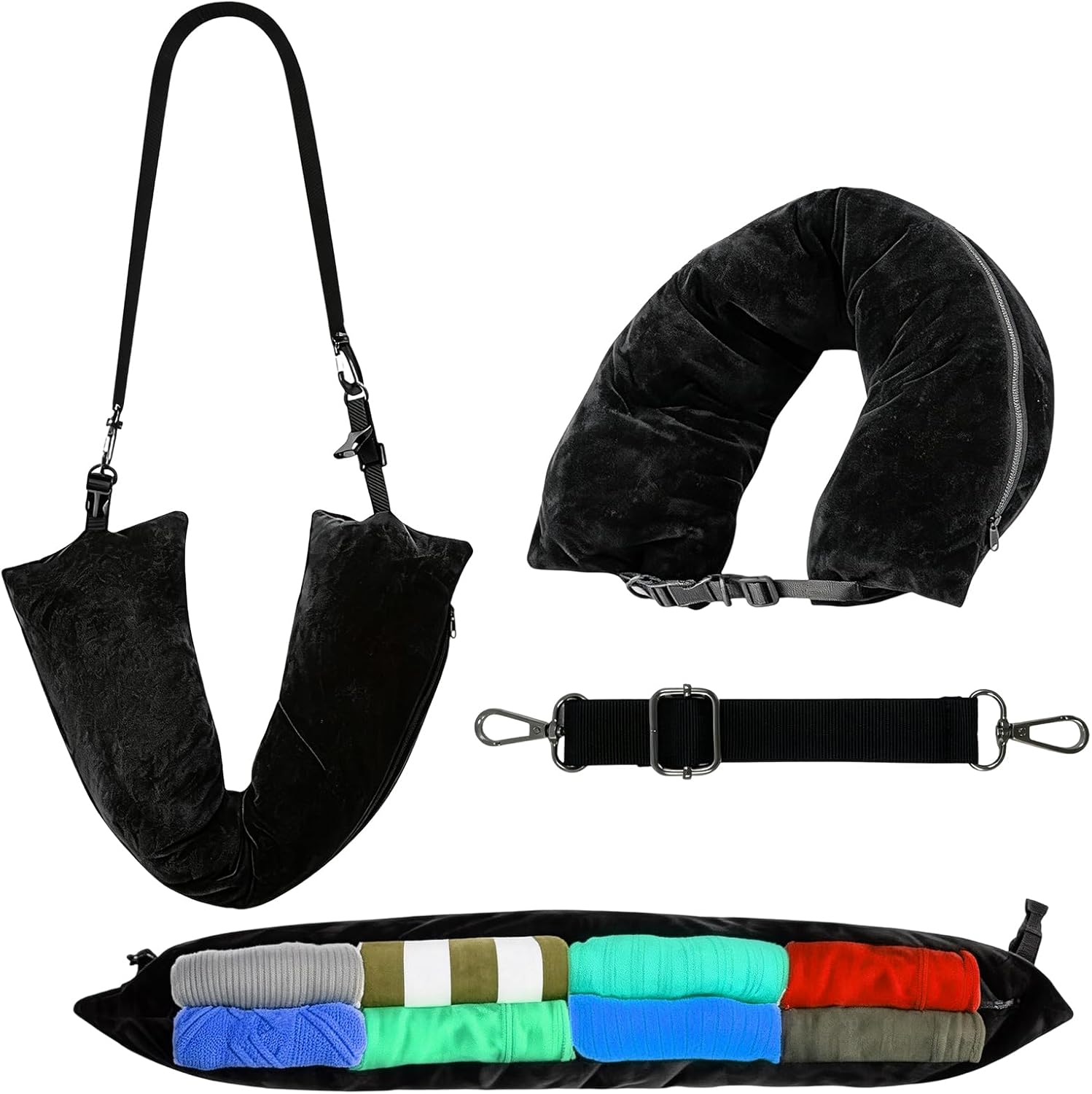Stuffable Travel Neck Pillow, Velvet U-Shaped Cushion, No Fillings Neck Support for Airplane Car Home Office Camping (Black)