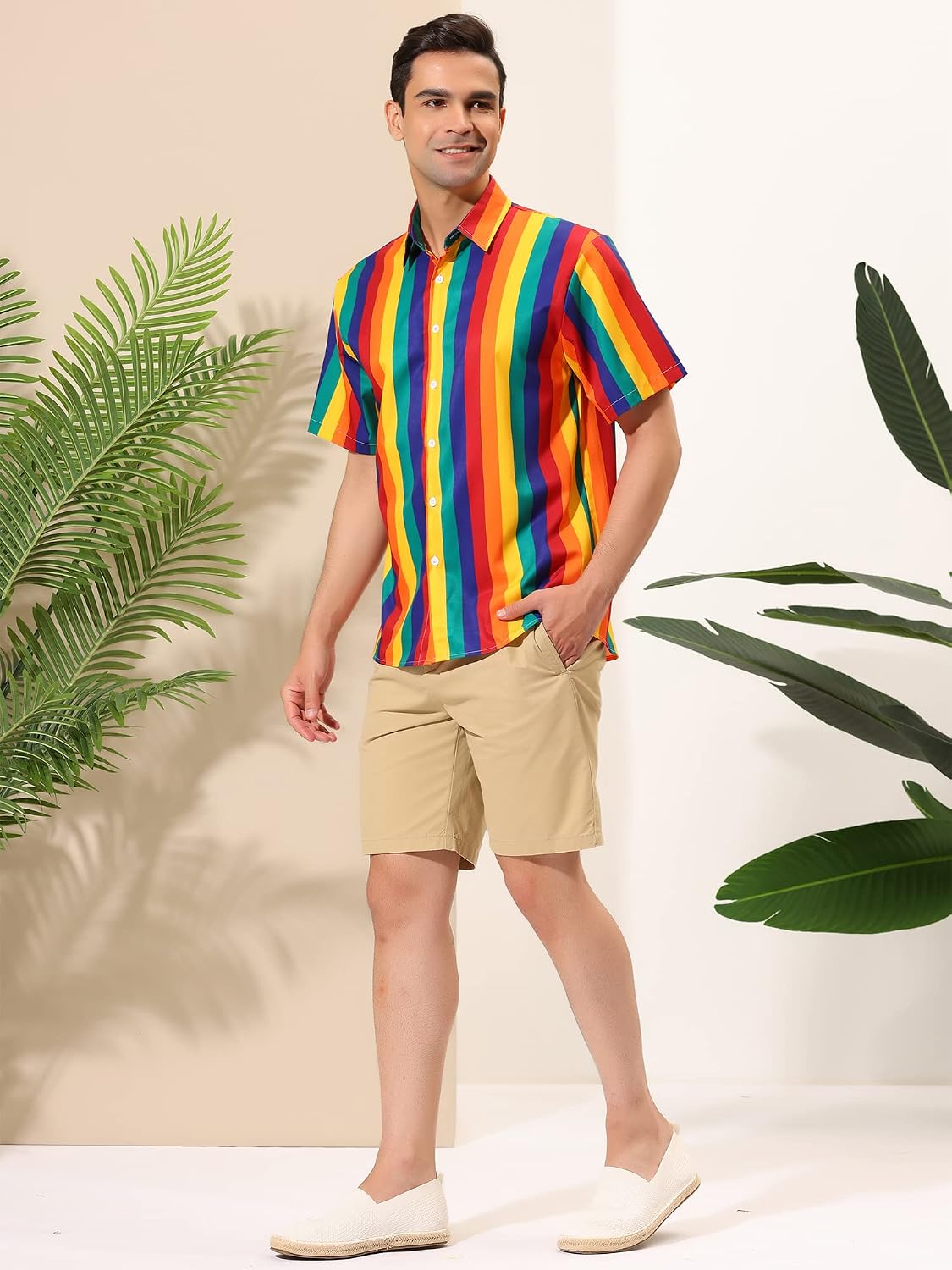 Lars Amadeus Men's Vertical Striped Shirt Short Sleeve Button Down Summer Color Block Hawaiian Beach Striped Shirts